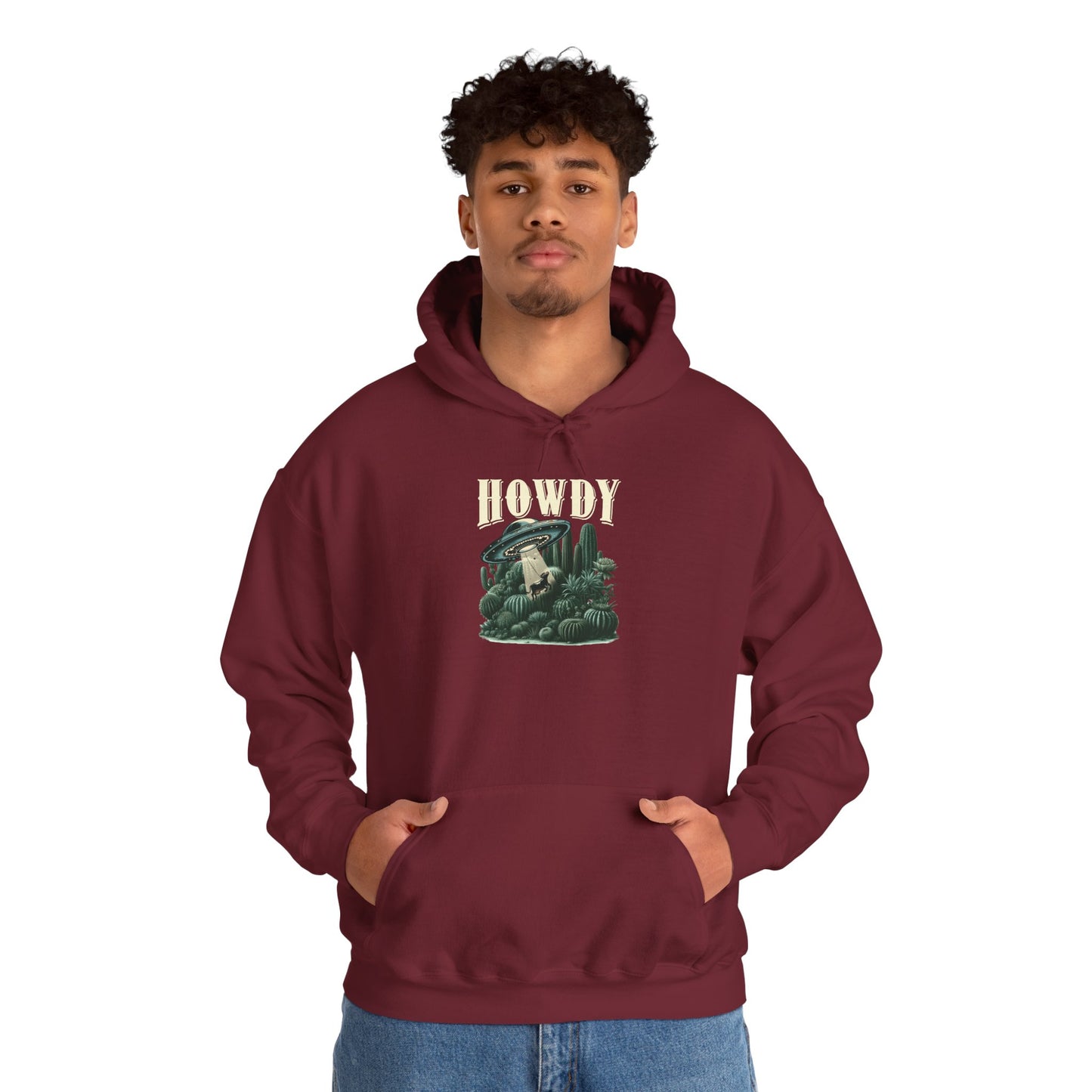 Howdy Cow Abduction Hoodie – Western UFO Rodeo Cactus Desert Texas Pullover