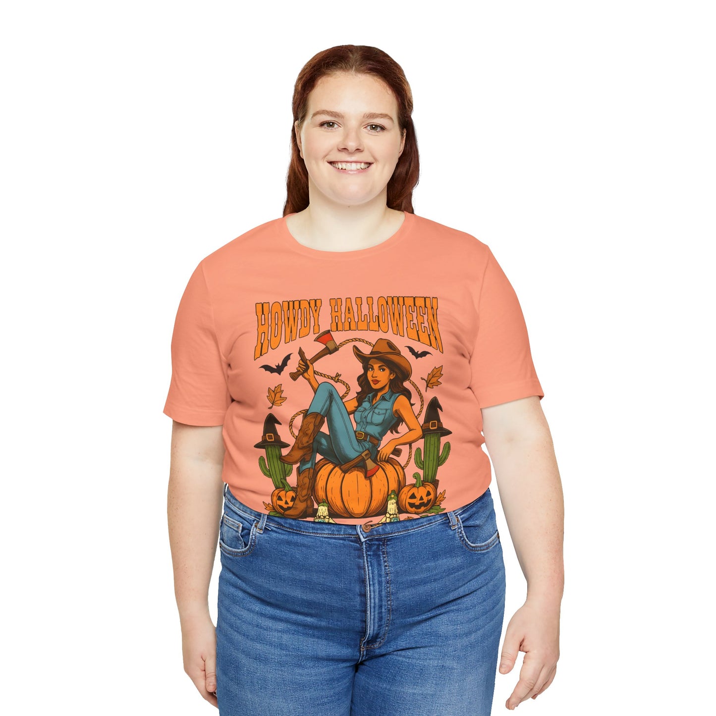Howdy Halloween Shirt – Cowgirl on Pumpkin Tee with Skeleton Hands