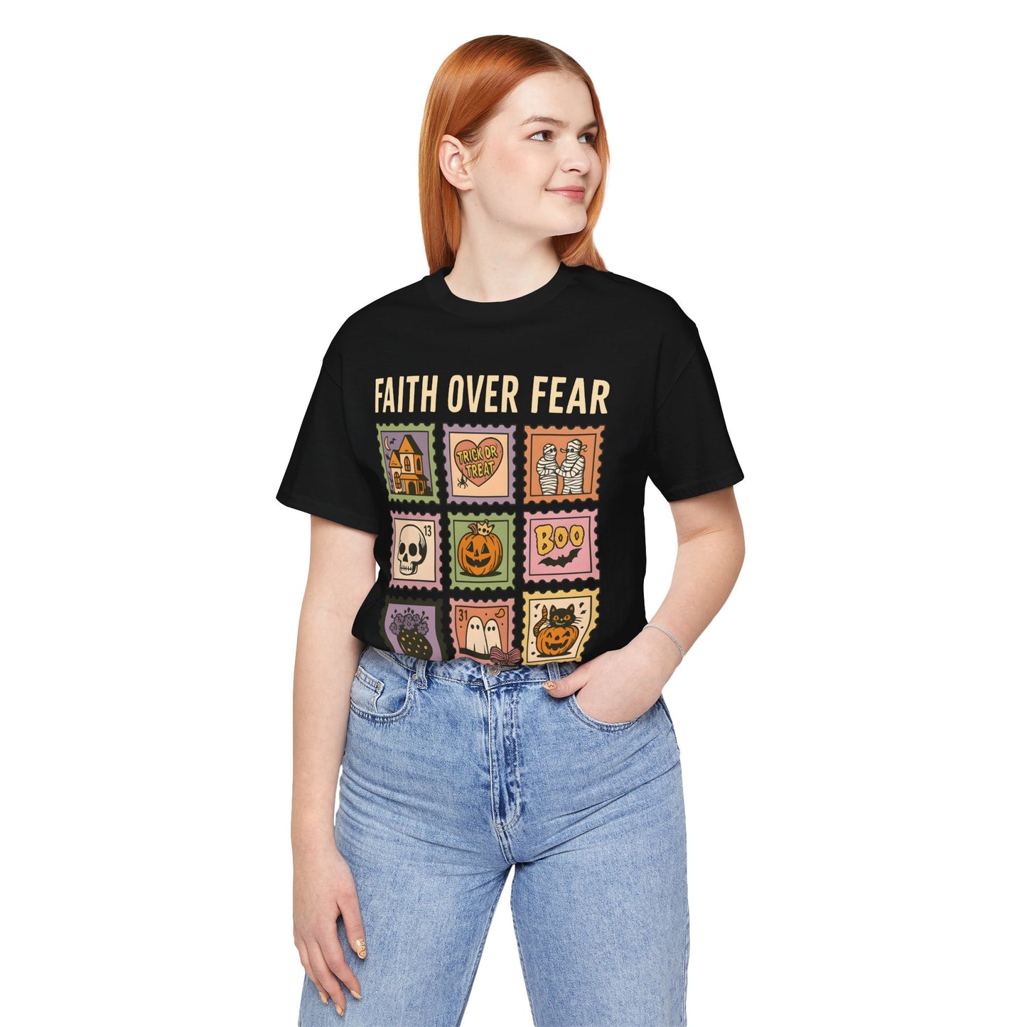 Faith Over Fear Shirt, Christian Halloween Stamp T-Shirt, Religious Spooky Season Tee