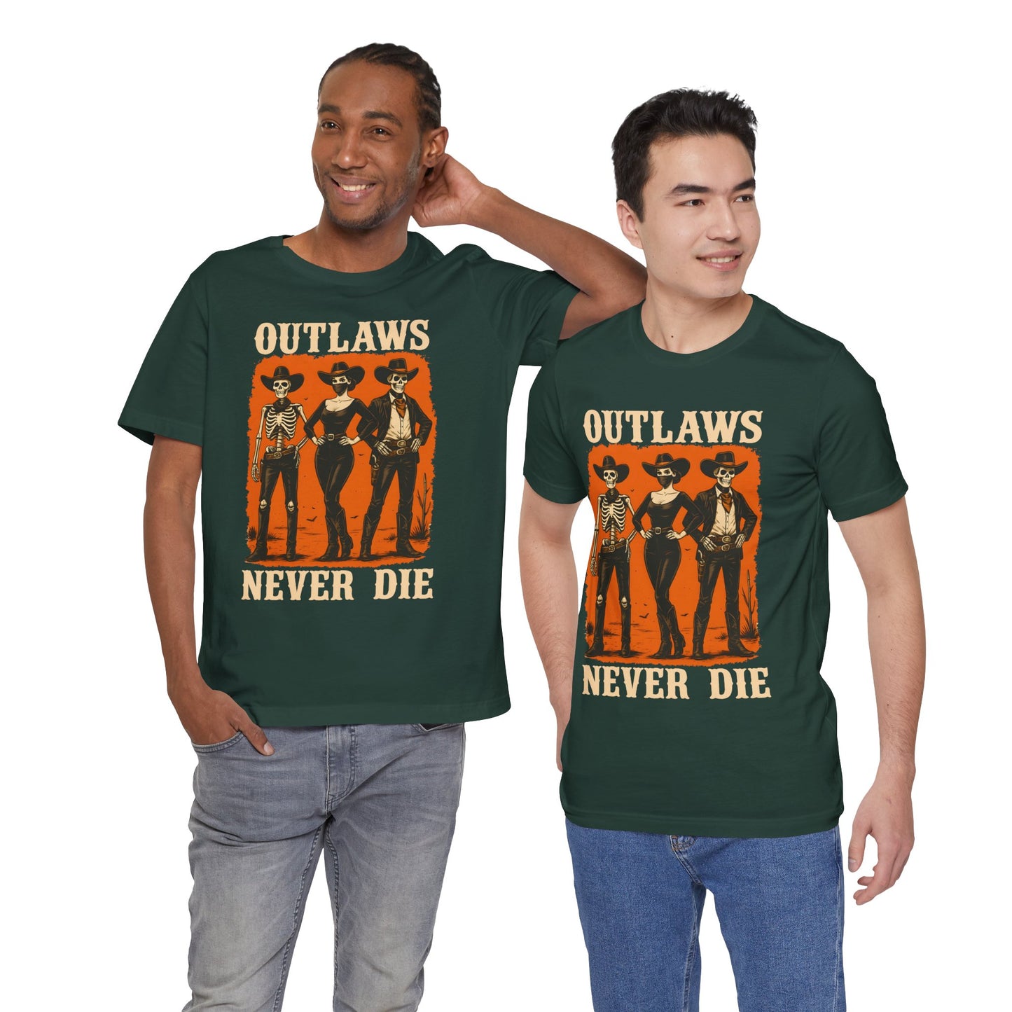 Outlaws Never Die Shirt – Gothic Western Skeleton Cowboy Halloween Tee