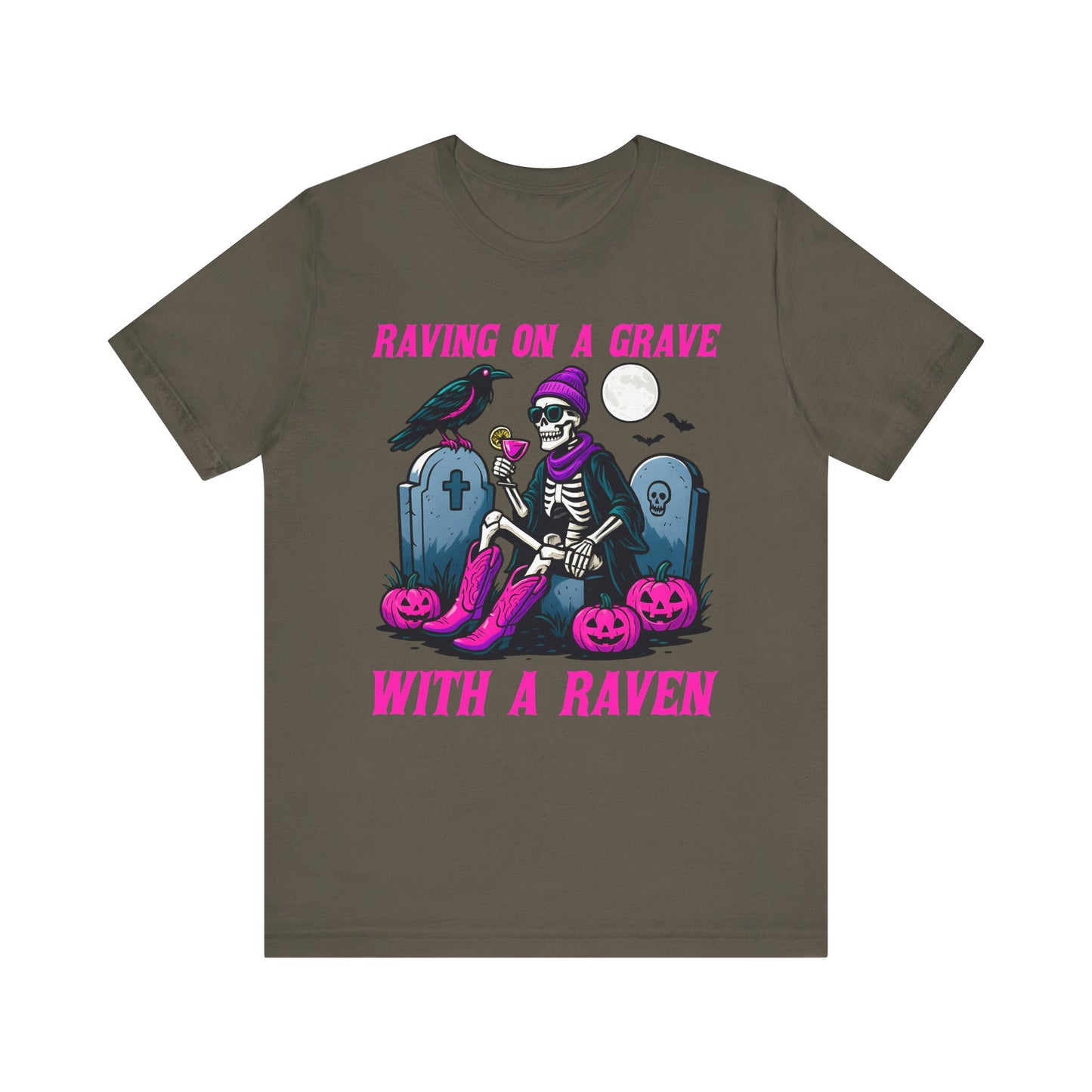 Raving on a Grave Shirt – Halloween Skeleton Raven Gothic Party Tee