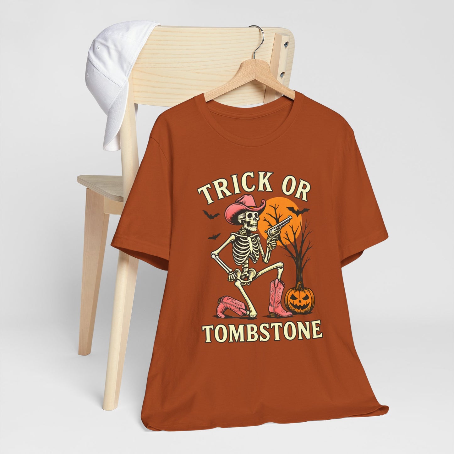 Trick or Tombstone Shirt Funny Skeleton Cowboy Halloween Tee, Spooky Western Rodeo Outfit