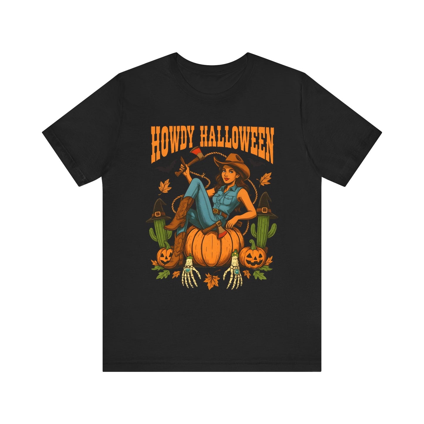 Howdy Halloween Shirt – Cowgirl on Pumpkin Tee with Skeleton Hands