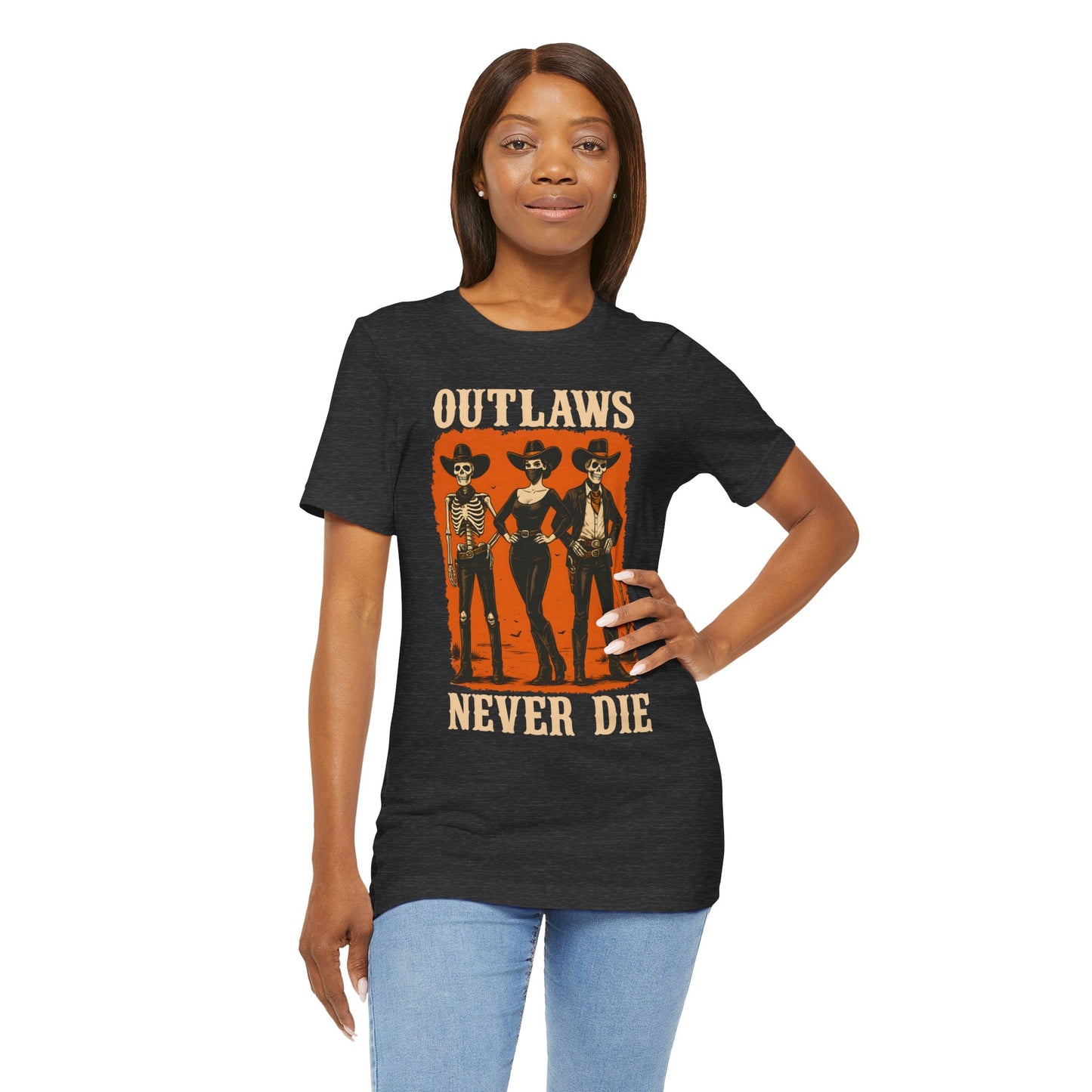 Outlaws Never Die Shirt – Gothic Western Skeleton Cowboy Halloween Tee
