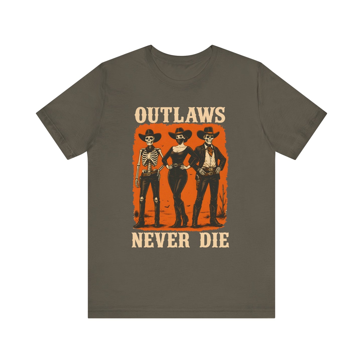 Outlaws Never Die Shirt – Gothic Western Skeleton Cowboy Halloween Tee