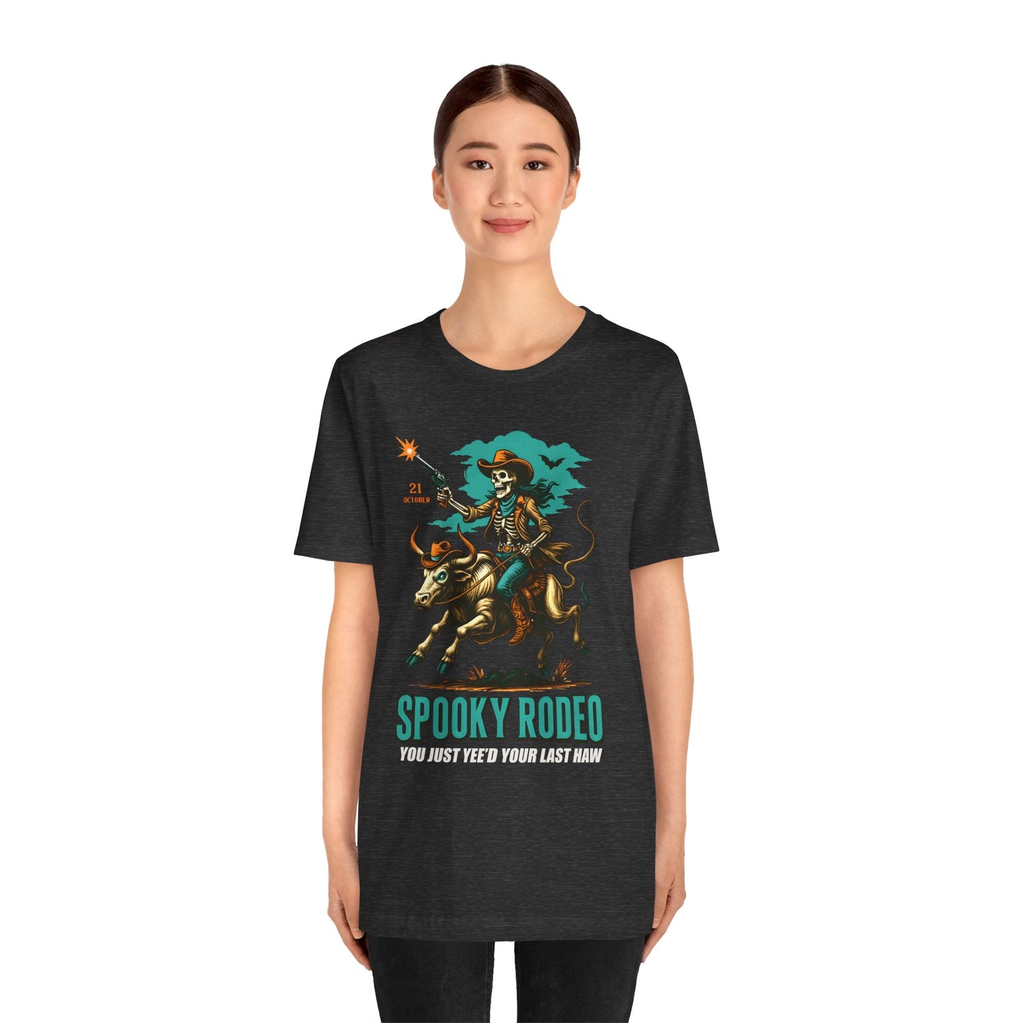 Spooky Rodeo Shirt Skeleton Cowboy Halloween Tee, Western Bull Rider Graphic for Fall