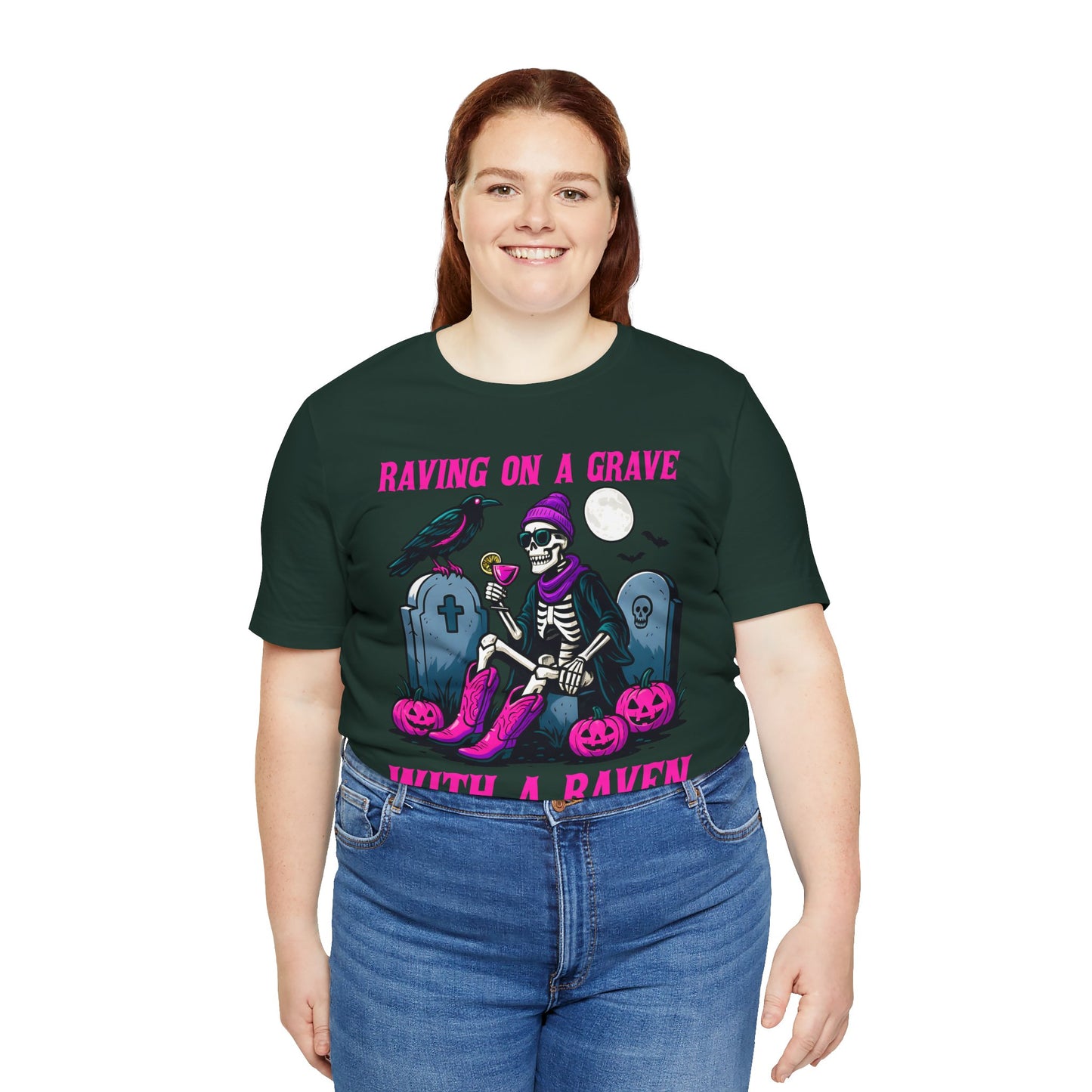Raving on a Grave Shirt – Halloween Skeleton Raven Gothic Party Tee