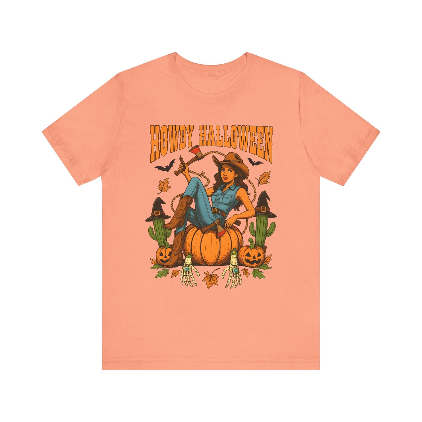 Howdy Halloween Shirt – Cowgirl on Pumpkin Tee with Skeleton Hands