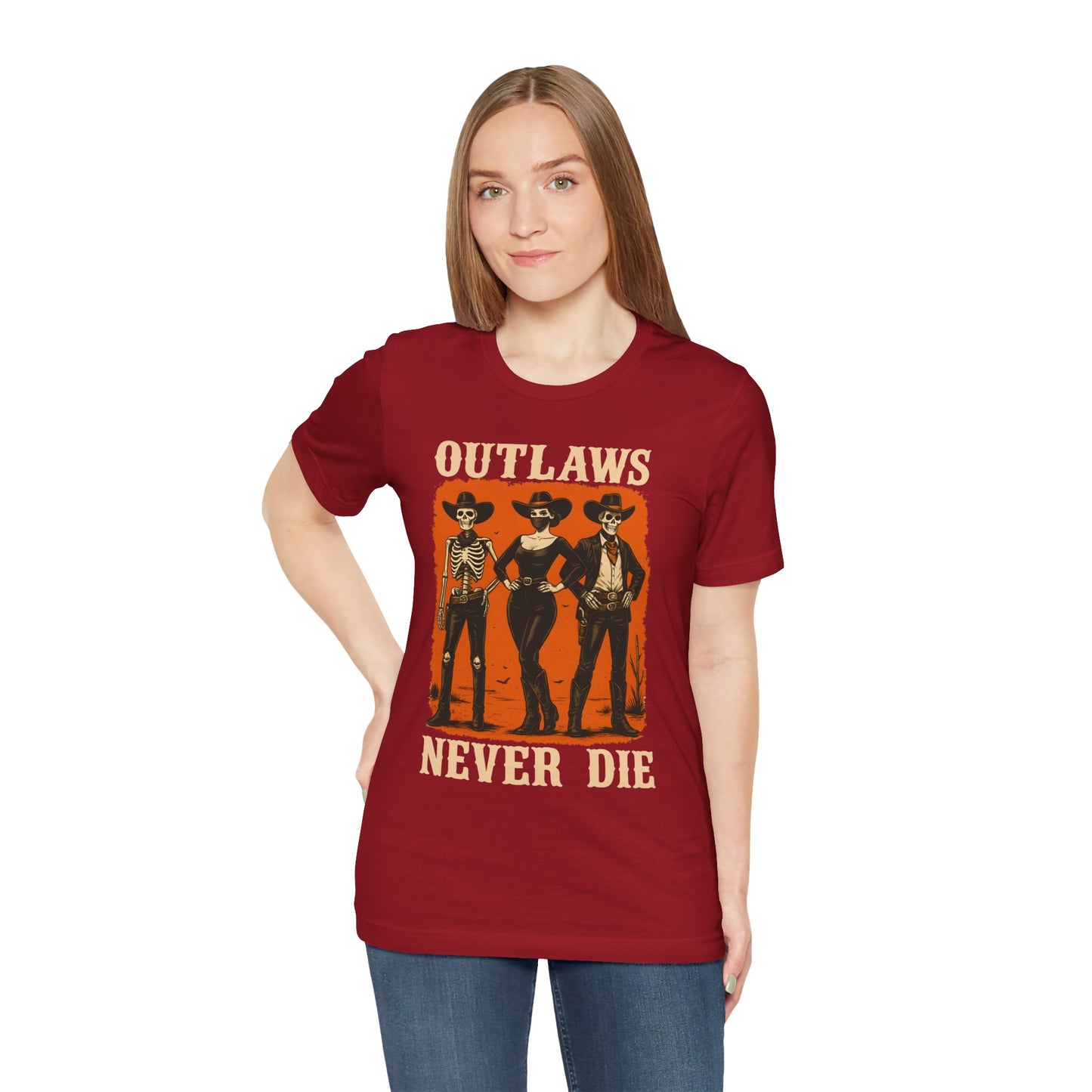 Outlaws Never Die Shirt – Gothic Western Skeleton Cowboy Halloween Tee