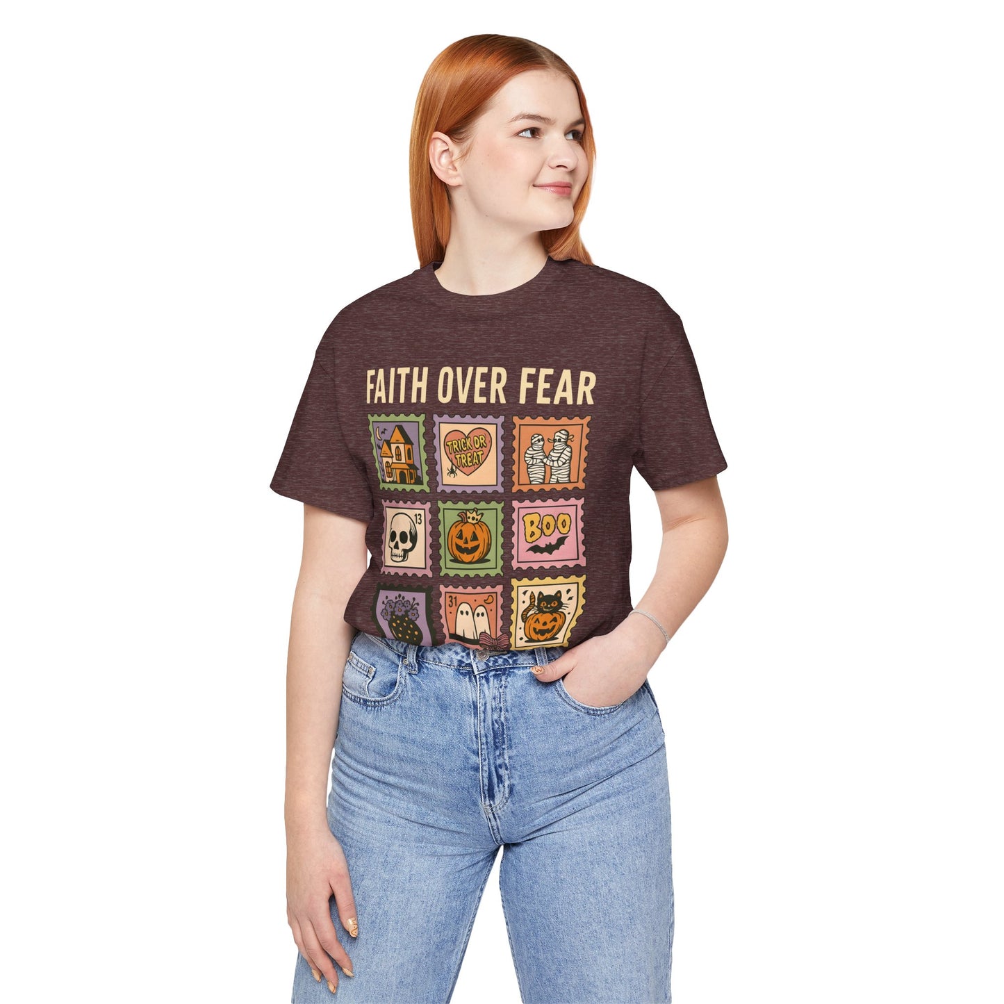 Faith Over Fear Shirt, Christian Halloween Stamp T-Shirt, Religious Spooky Season Tee