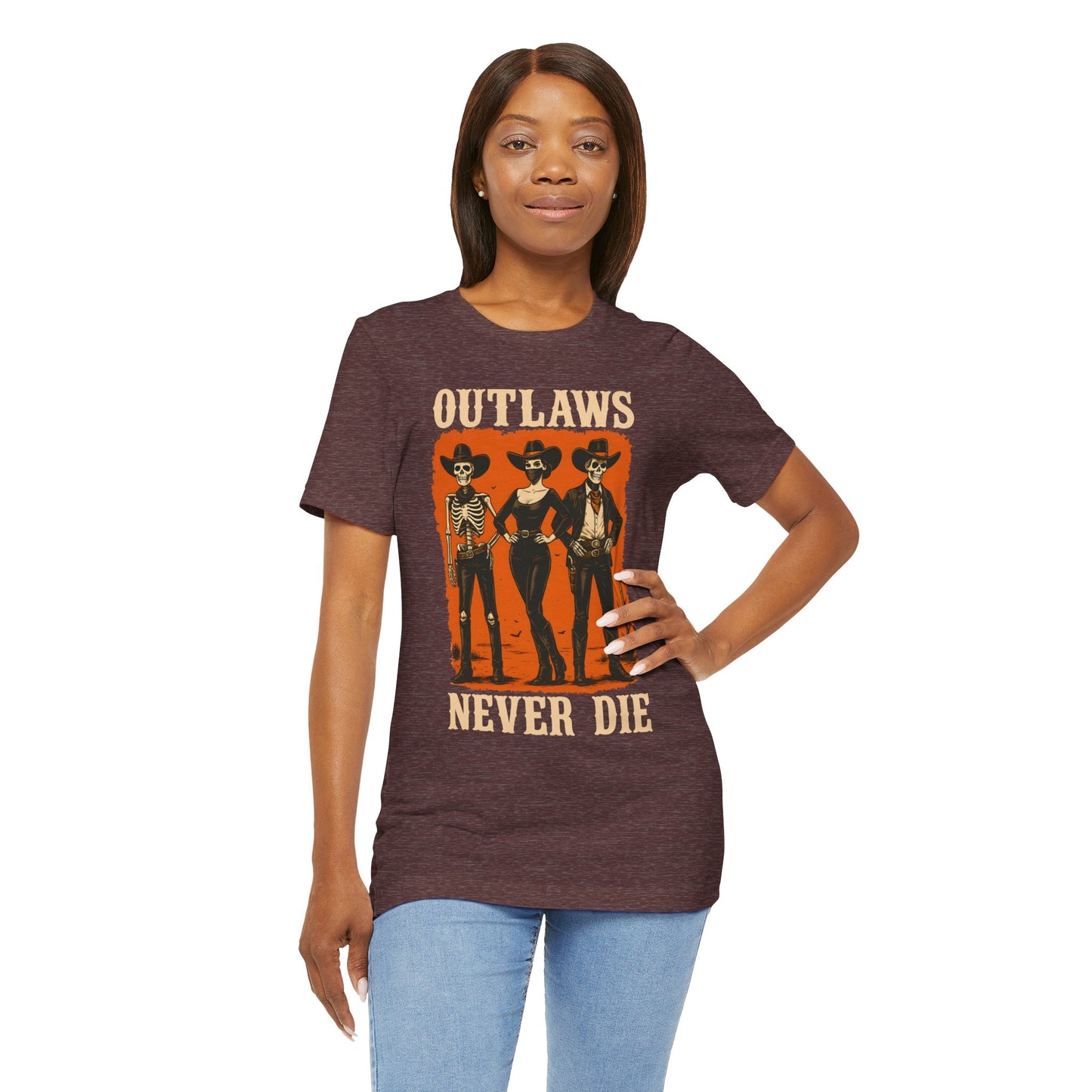 Outlaws Never Die Shirt – Gothic Western Skeleton Cowboy Halloween Tee