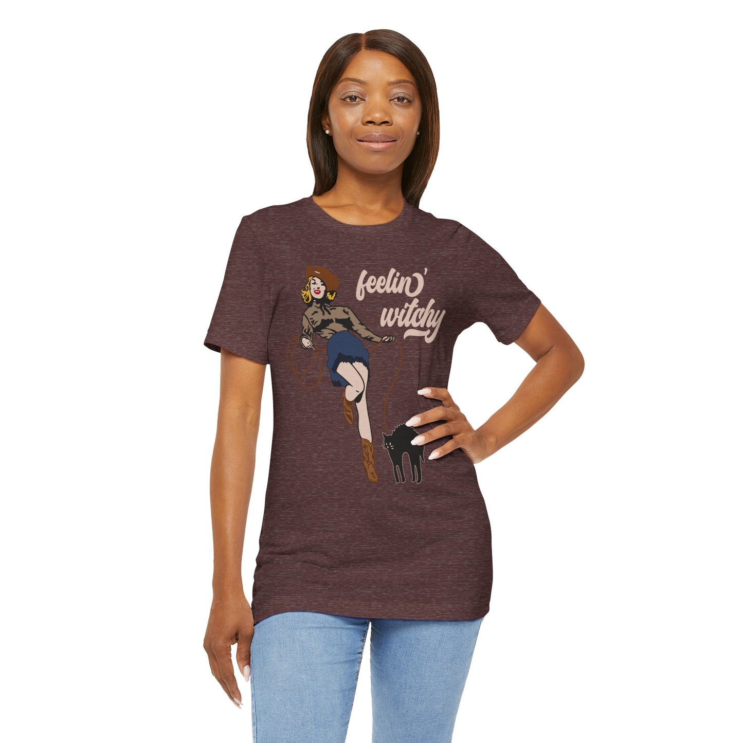 Feeling Witchy Shirt – Vintage Pin-Up Girl & Black Cat Halloween Tee