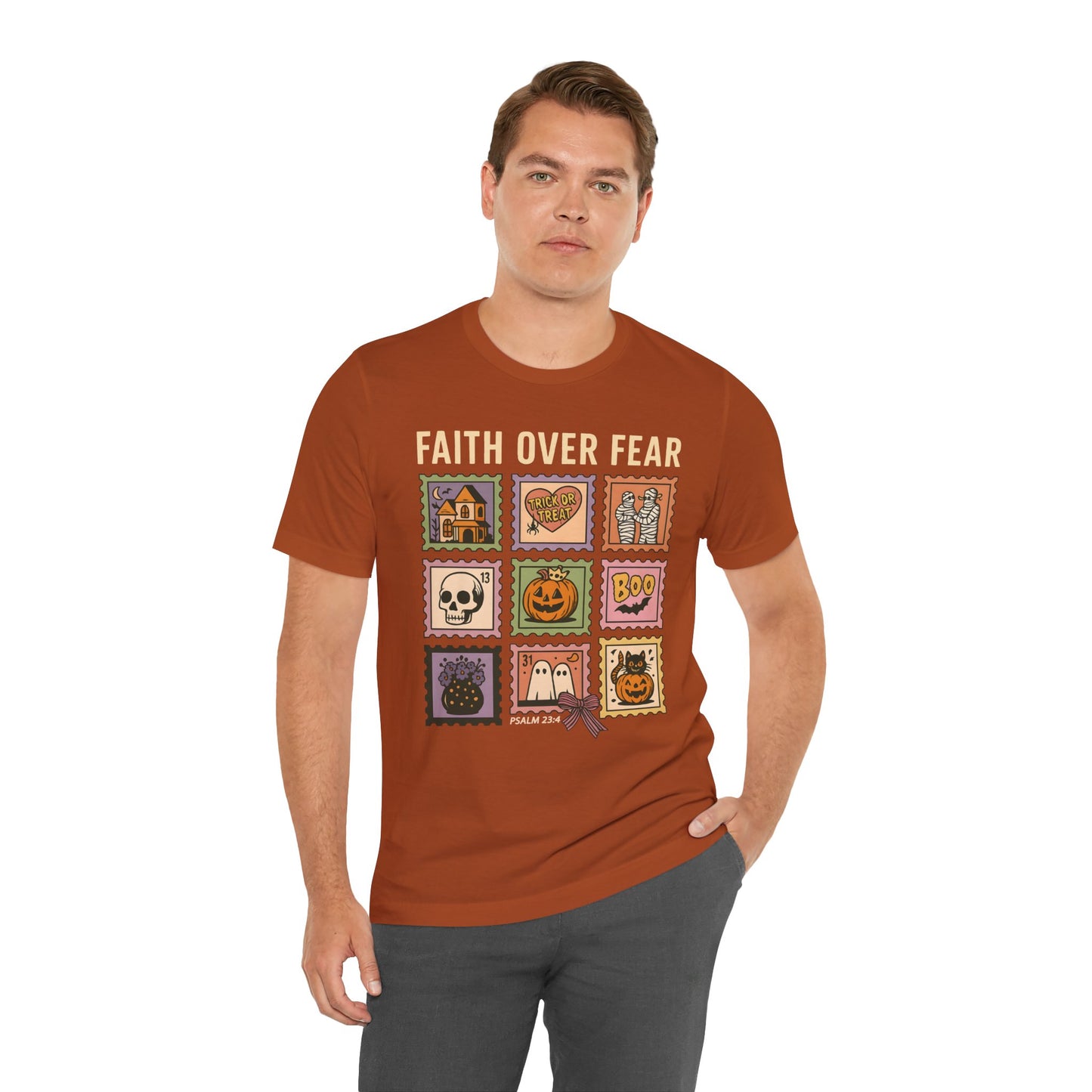 Faith Over Fear Shirt, Christian Halloween Stamp T-Shirt, Religious Spooky Season Tee