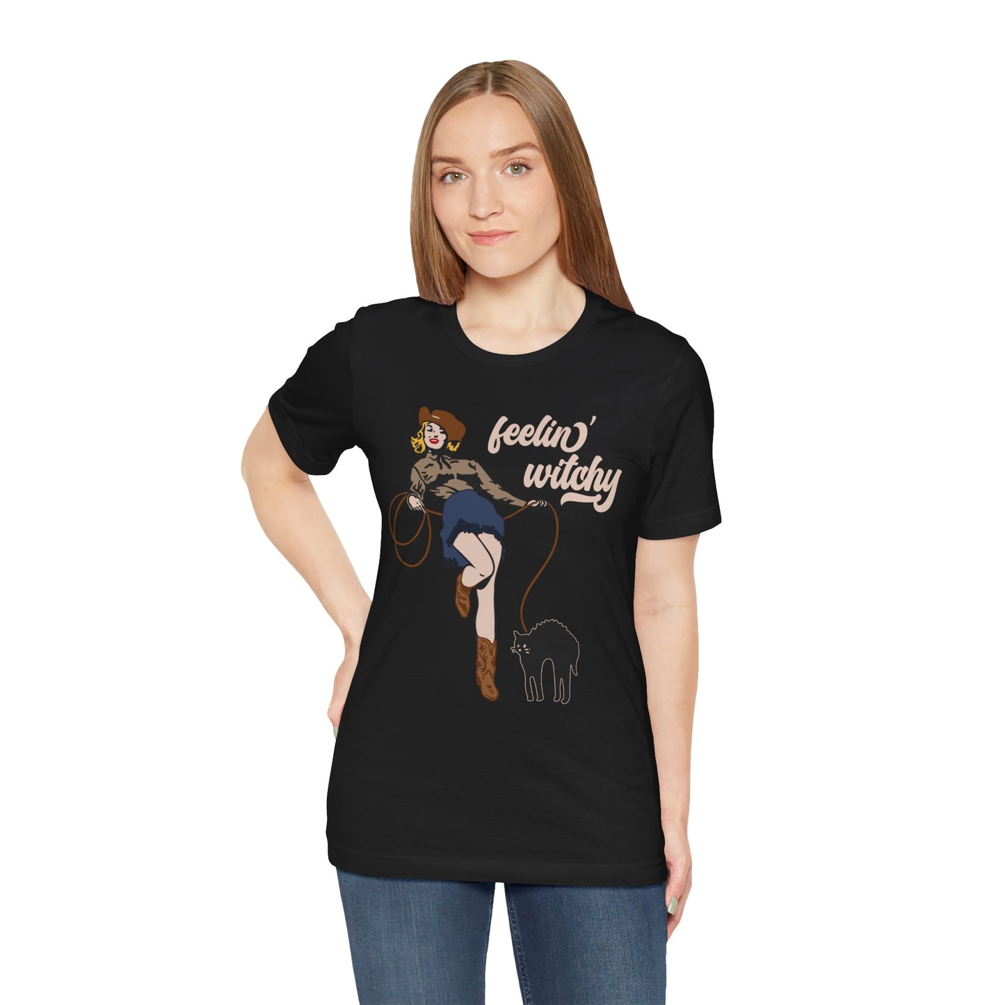 Feeling Witchy Shirt – Vintage Pin-Up Girl & Black Cat Halloween Tee