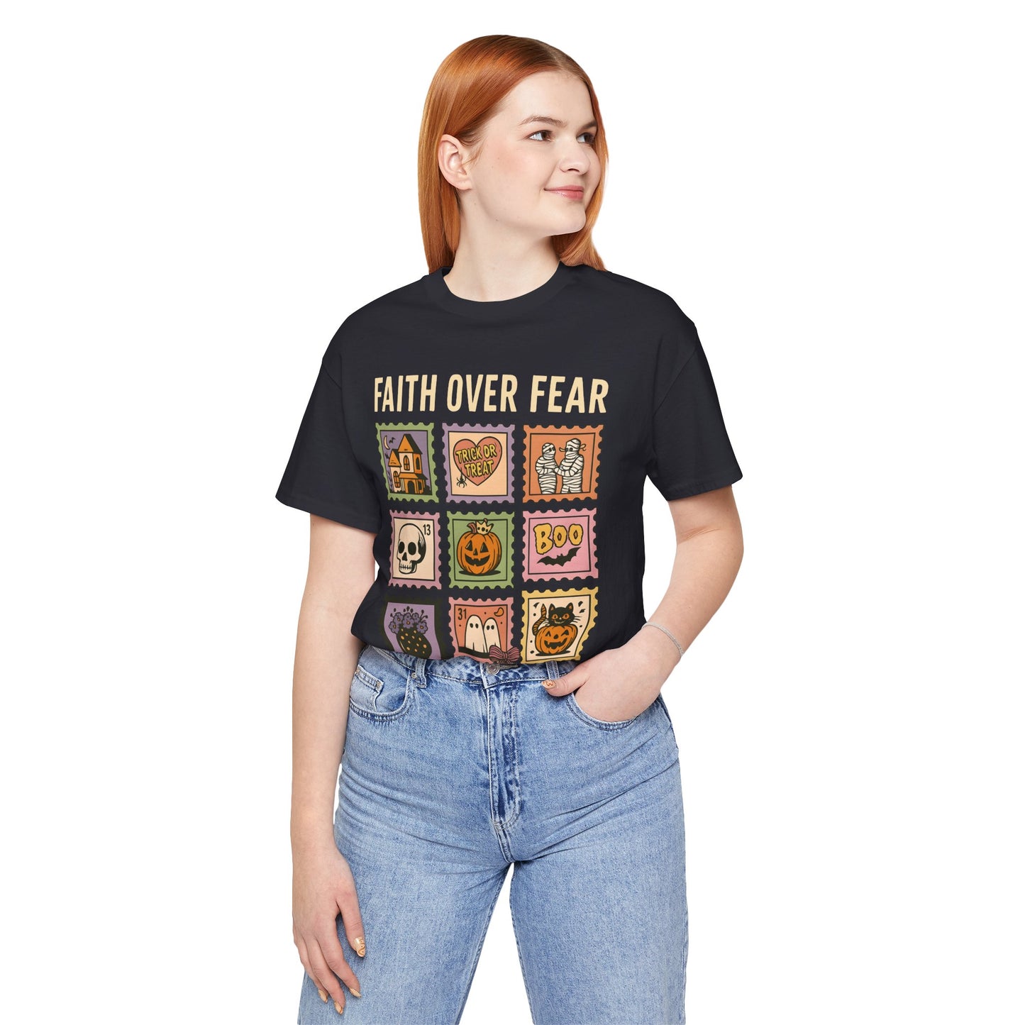 Faith Over Fear Shirt, Christian Halloween Stamp T-Shirt, Religious Spooky Season Tee