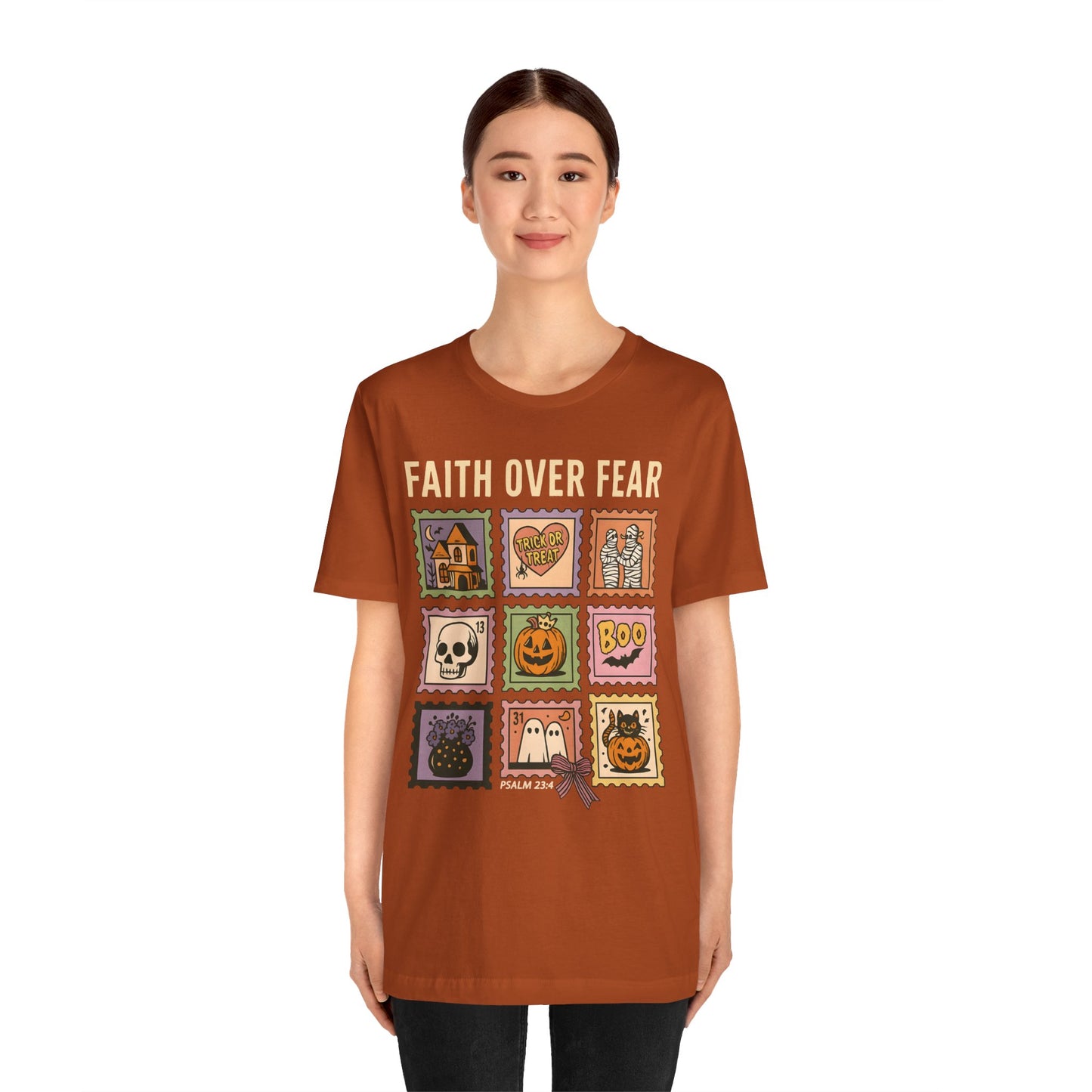 Faith Over Fear Shirt, Christian Halloween Stamp T-Shirt, Religious Spooky Season Tee