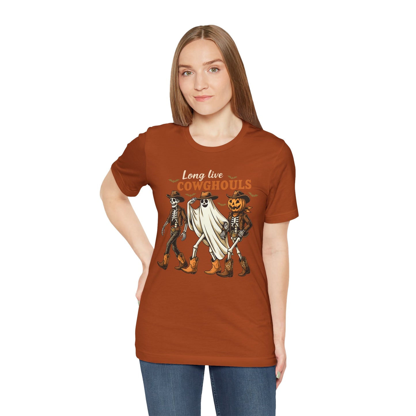 Long Live Cowghouls Shirt Western Halloween Skeleton Ghost Pumpkin Tee, Spooky Cowgirl Fall Outfit