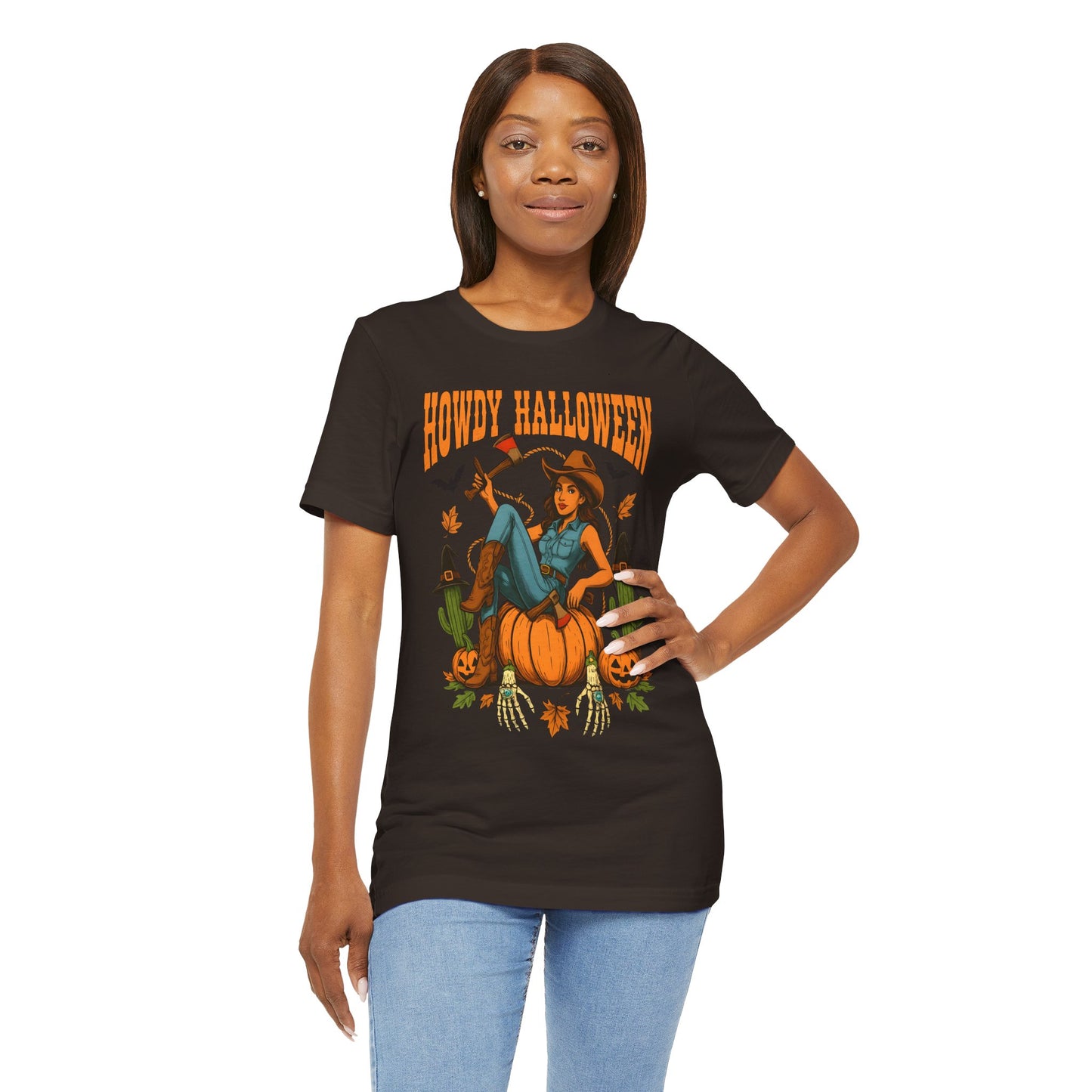 Howdy Halloween Shirt – Cowgirl on Pumpkin Tee with Skeleton Hands