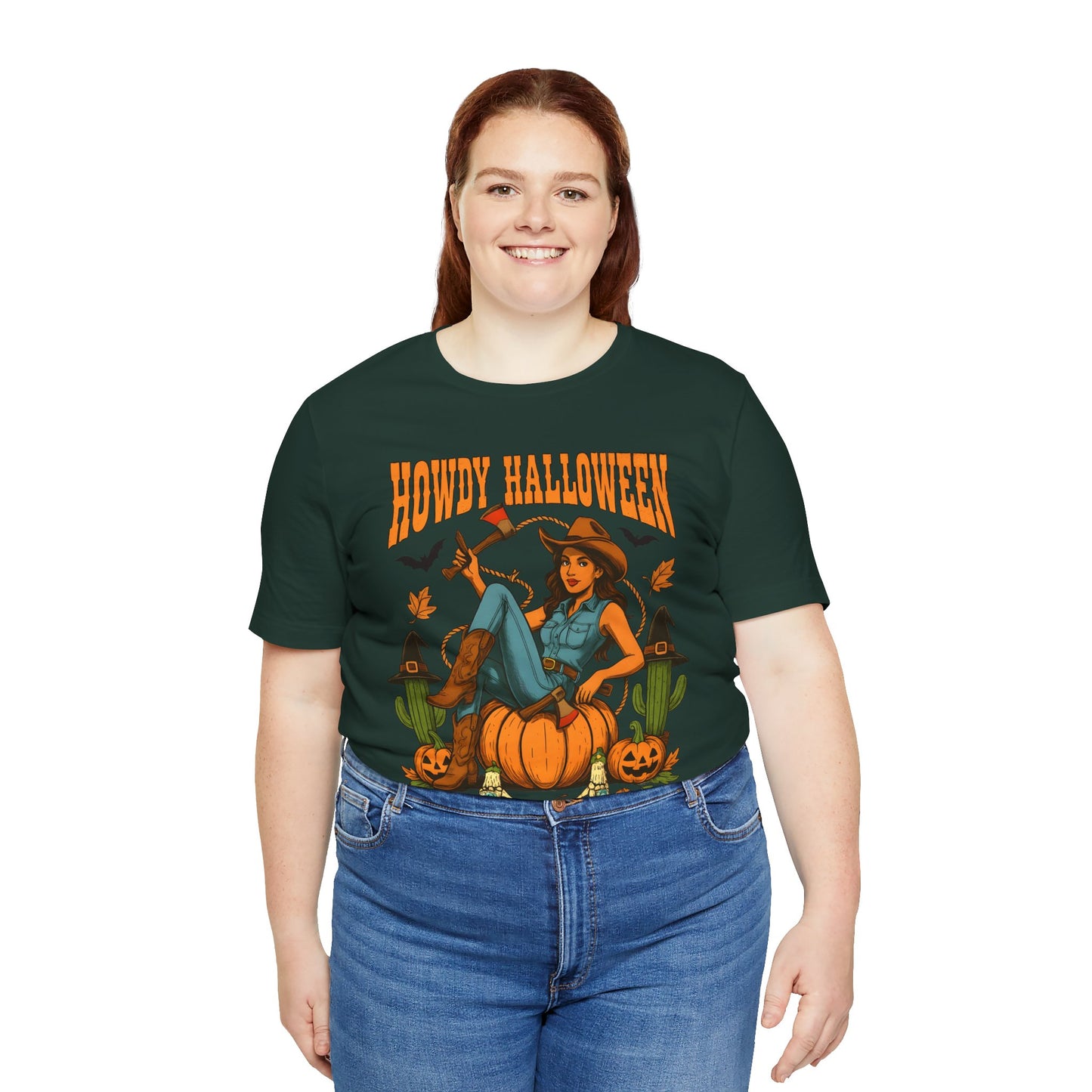 Howdy Halloween Shirt – Cowgirl on Pumpkin Tee with Skeleton Hands