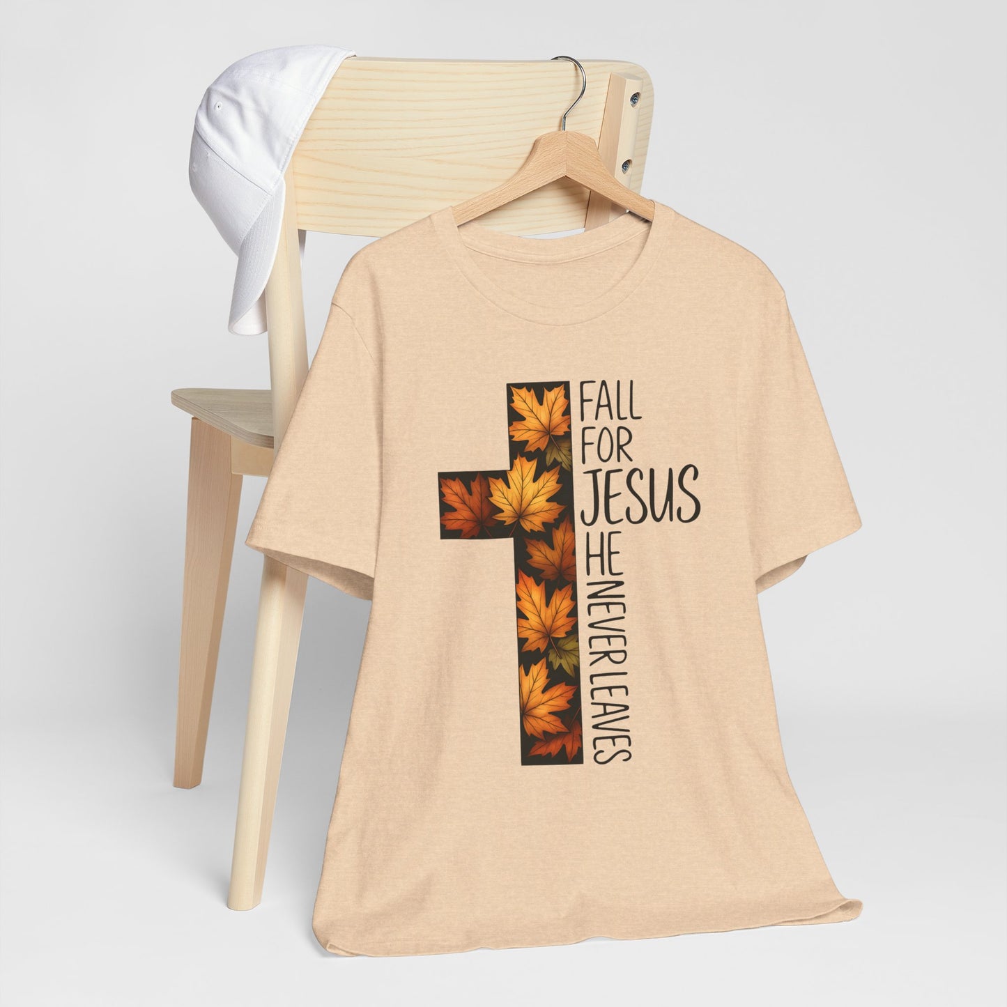 Fall for Jesus He Never Leaves Shirt – Retro Christian Cross Thanksgiving Tee