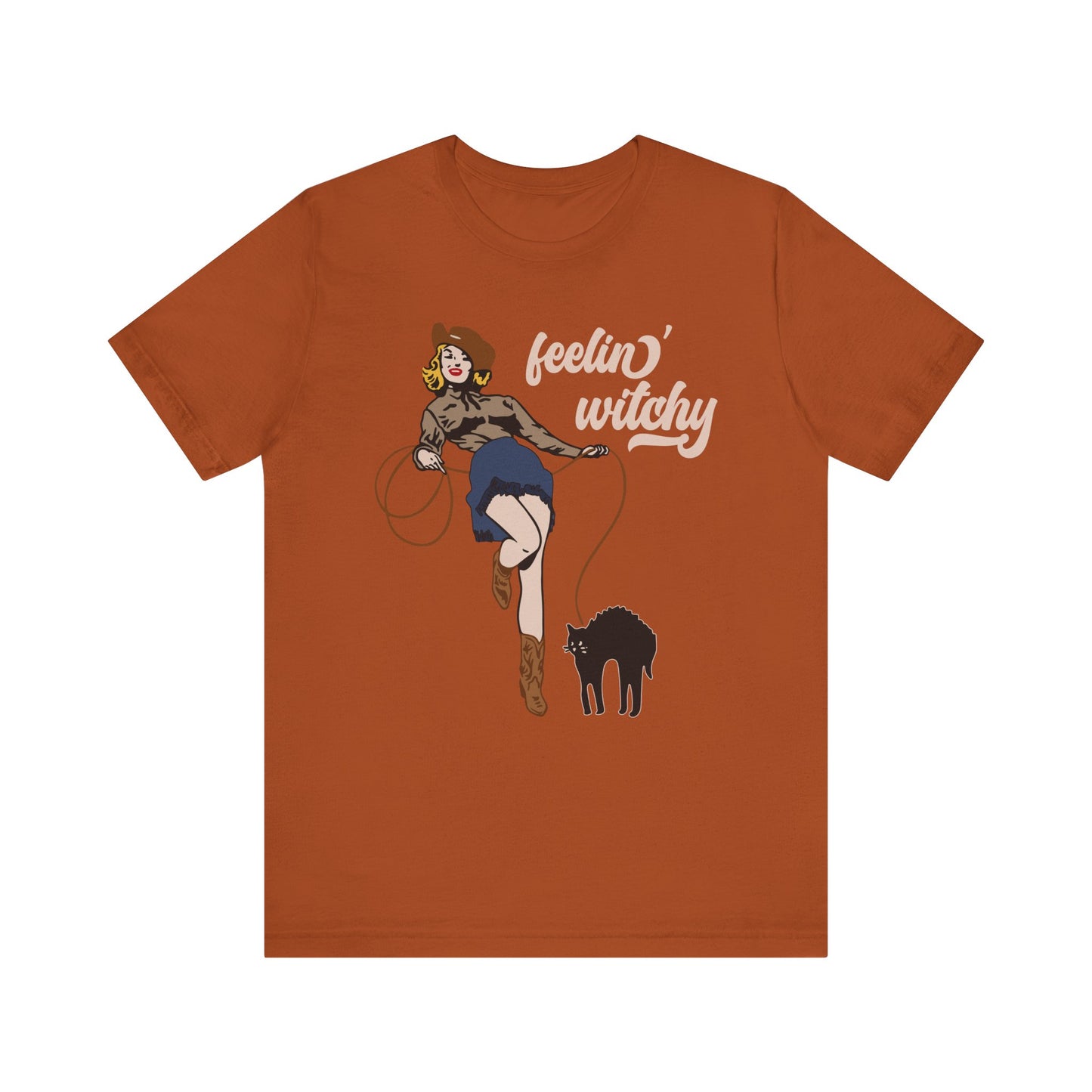 Feeling Witchy Shirt – Vintage Pin-Up Girl & Black Cat Halloween Tee