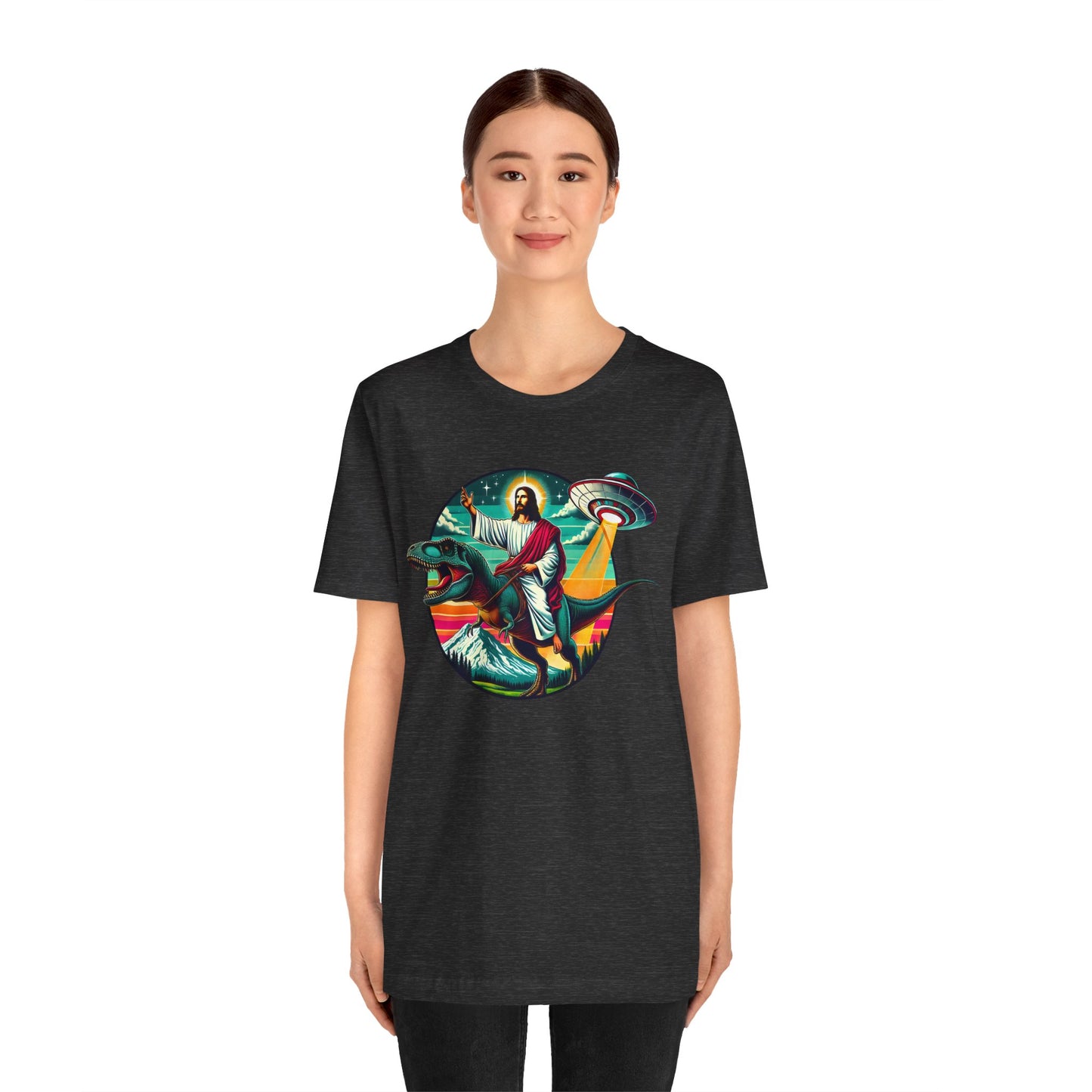 Jesus Riding Dinosaur Shirt – UFO Alien Cross Retro Christian God Tee