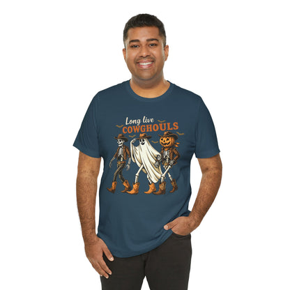 Long Live Cowghouls Shirt Western Halloween Skeleton Ghost Pumpkin Tee, Spooky Cowgirl Fall Outfit