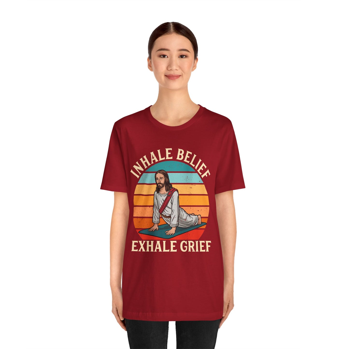 Jesus Inhale Belief Exhale Grief Shirt – Christian Yoga Retro Faith Wellness Tee