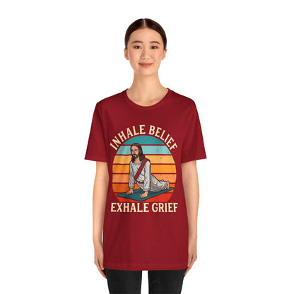 Jesus Inhale Belief Exhale Grief Shirt – Christian Yoga Retro Faith Wellness Tee