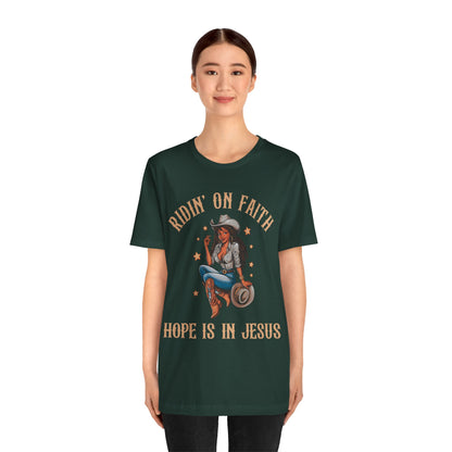 Ridin’ On Faith Cowgirl Shirt – Black Christian Western Jesus Tee