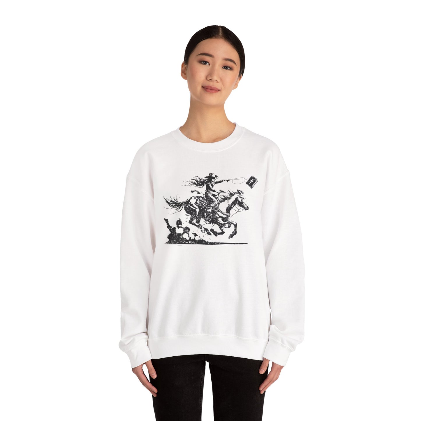 Cowgirl Riding Horse Sweatshirt – Christian Scripture Western Rodeo Texas Pullover