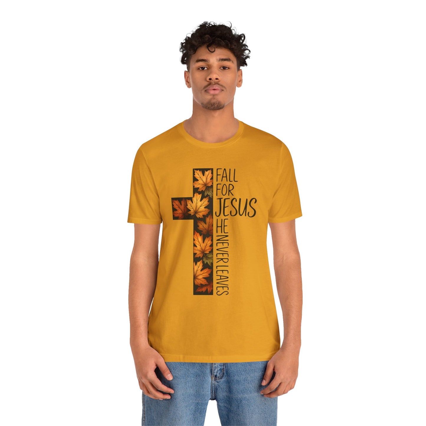 Fall for Jesus He Never Leaves Shirt – Retro Christian Cross Thanksgiving Tee