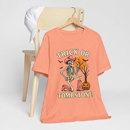 Trick or Tombstone Shirt Funny Skeleton Cowboy Halloween Tee, Spooky Western Rodeo Outfit