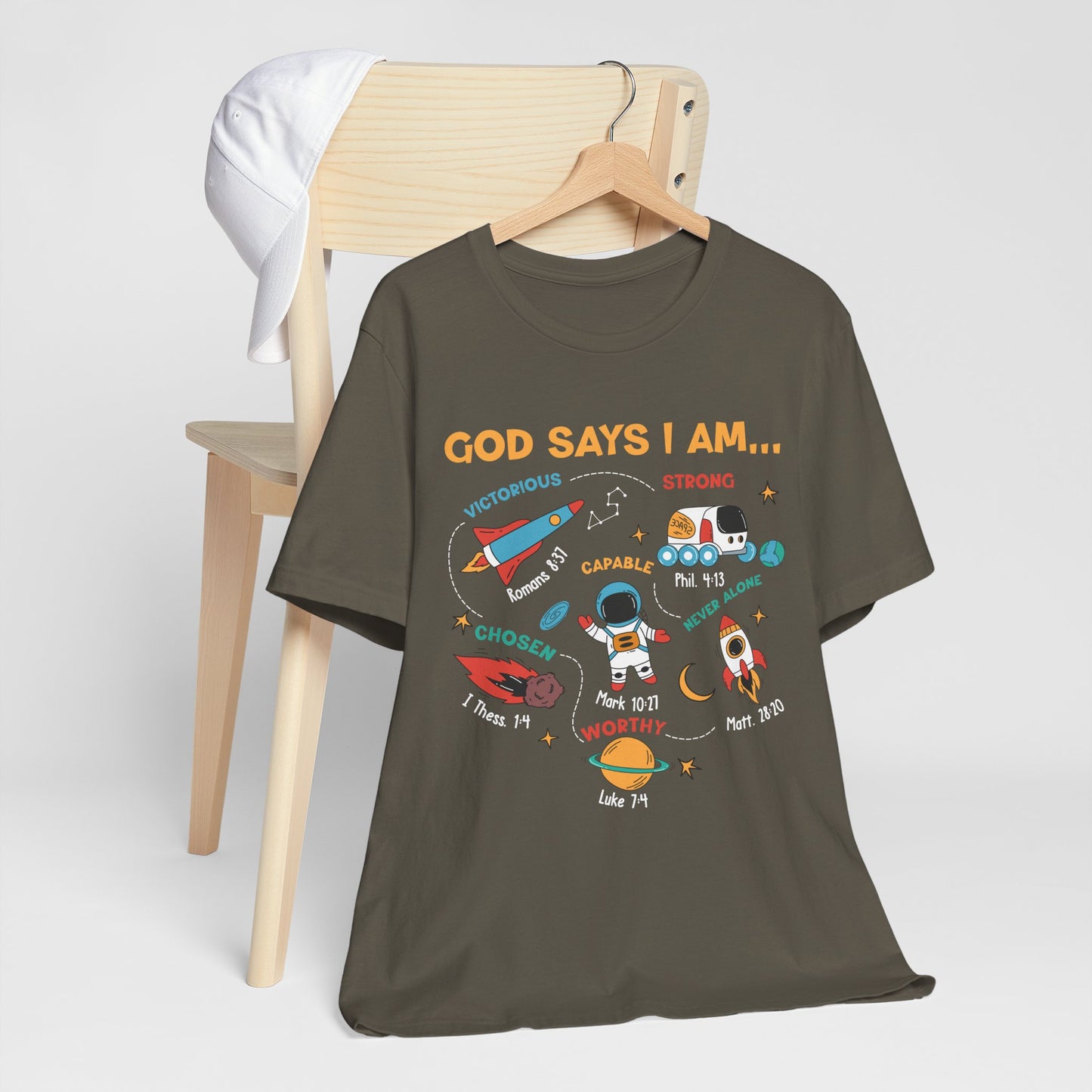God Says I Am Kids Shirt – Christian Astronaut Space Galaxy Bible Affirmation Tee