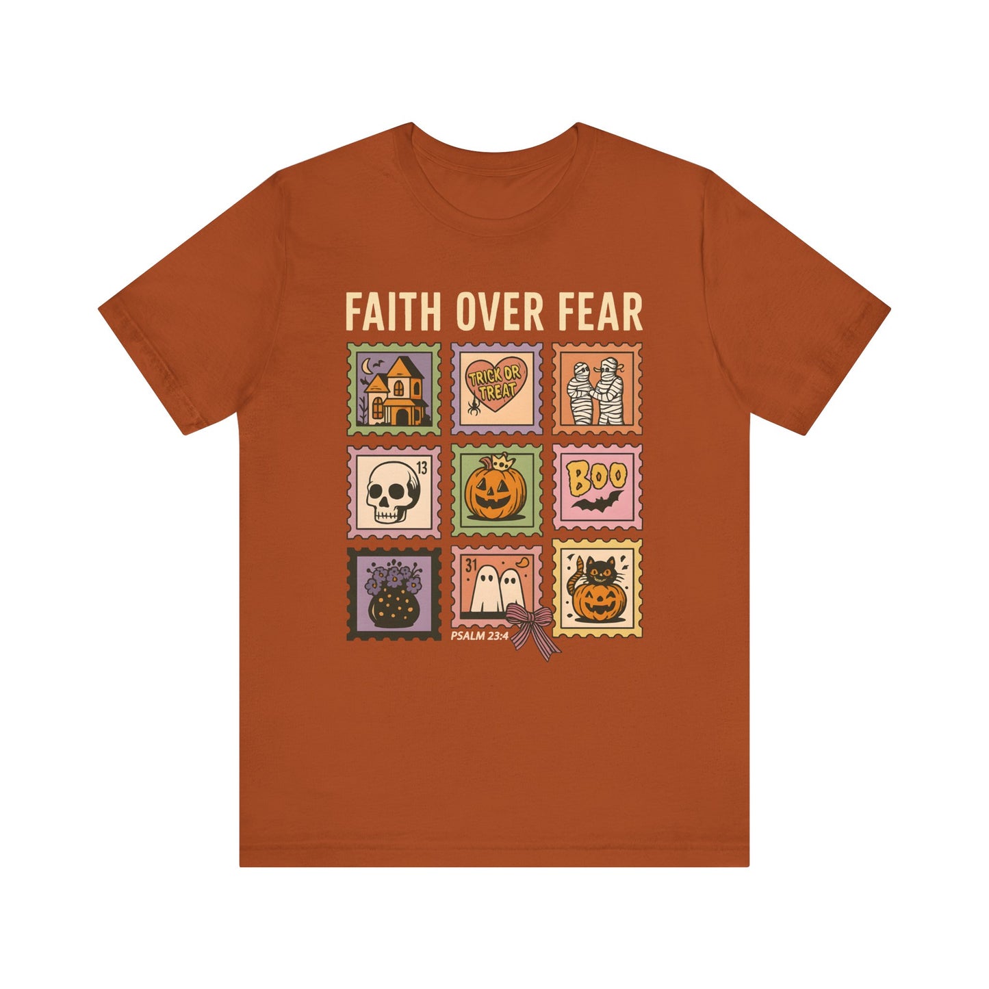 Faith Over Fear Shirt, Christian Halloween Stamp T-Shirt, Religious Spooky Season Tee