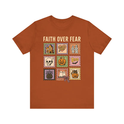 Faith Over Fear Shirt, Christian Halloween Stamp T-Shirt, Religious Spooky Season Tee