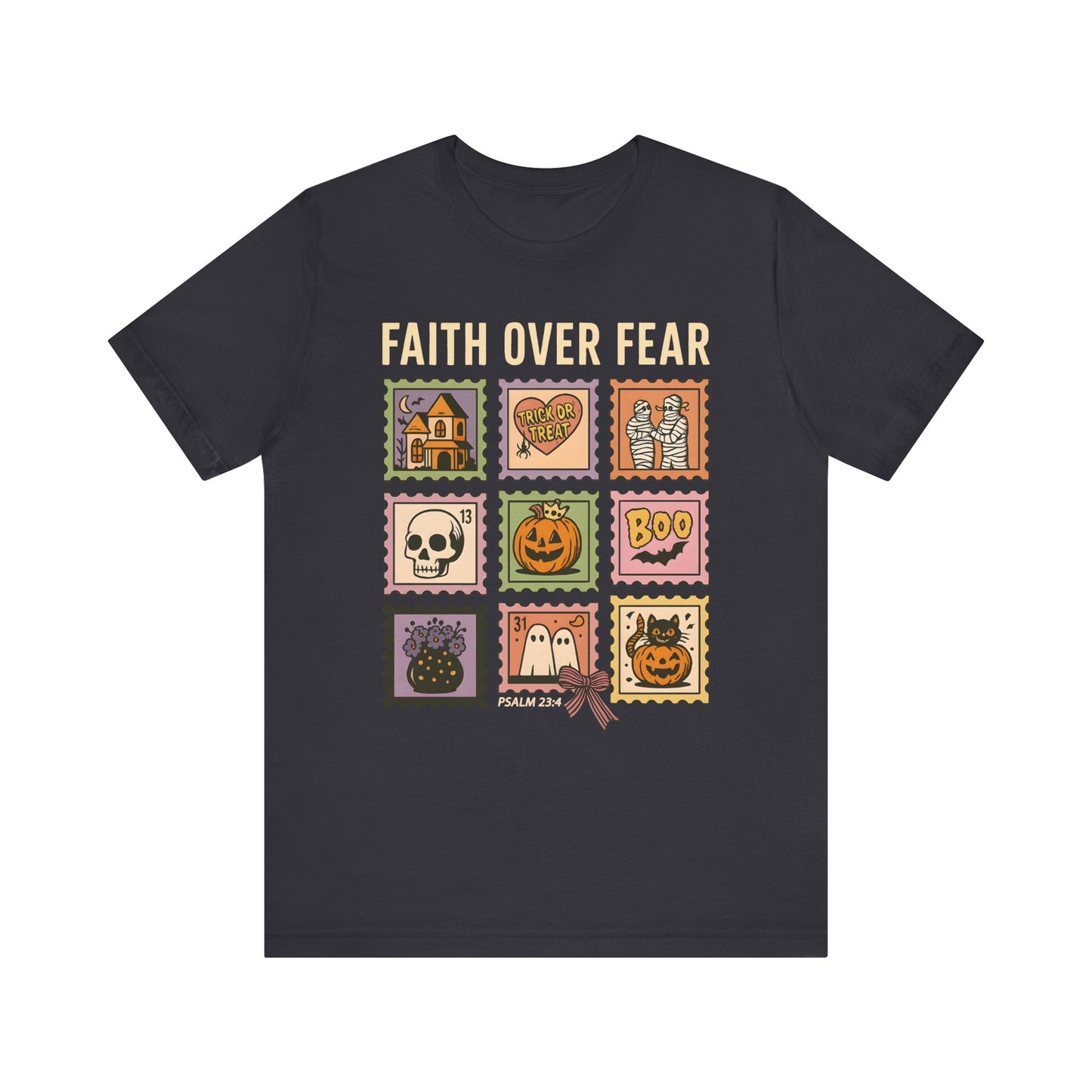 Faith Over Fear Shirt, Christian Halloween Stamp T-Shirt, Religious Spooky Season Tee