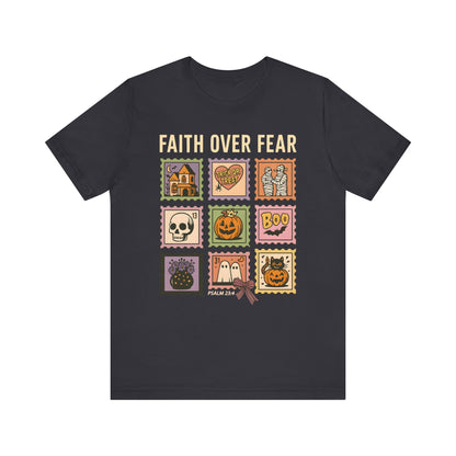 Faith Over Fear Shirt, Christian Halloween Stamp T-Shirt, Religious Spooky Season Tee