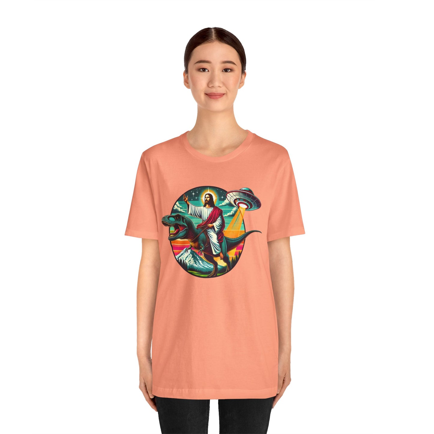 Jesus Riding Dinosaur Shirt – UFO Alien Cross Retro Christian God Tee