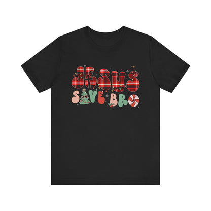 Groovy Jesus Saves Bro Shirt – Retro Red Plaid Christian Christmas Tee
