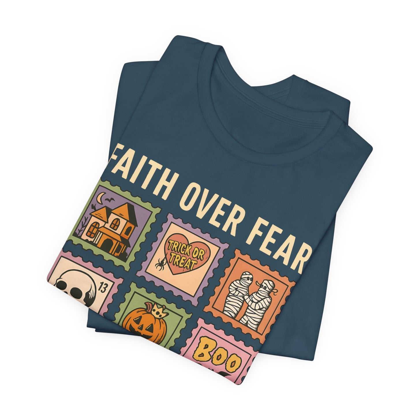 Faith Over Fear Shirt, Christian Halloween Stamp T-Shirt, Religious Spooky Season Tee