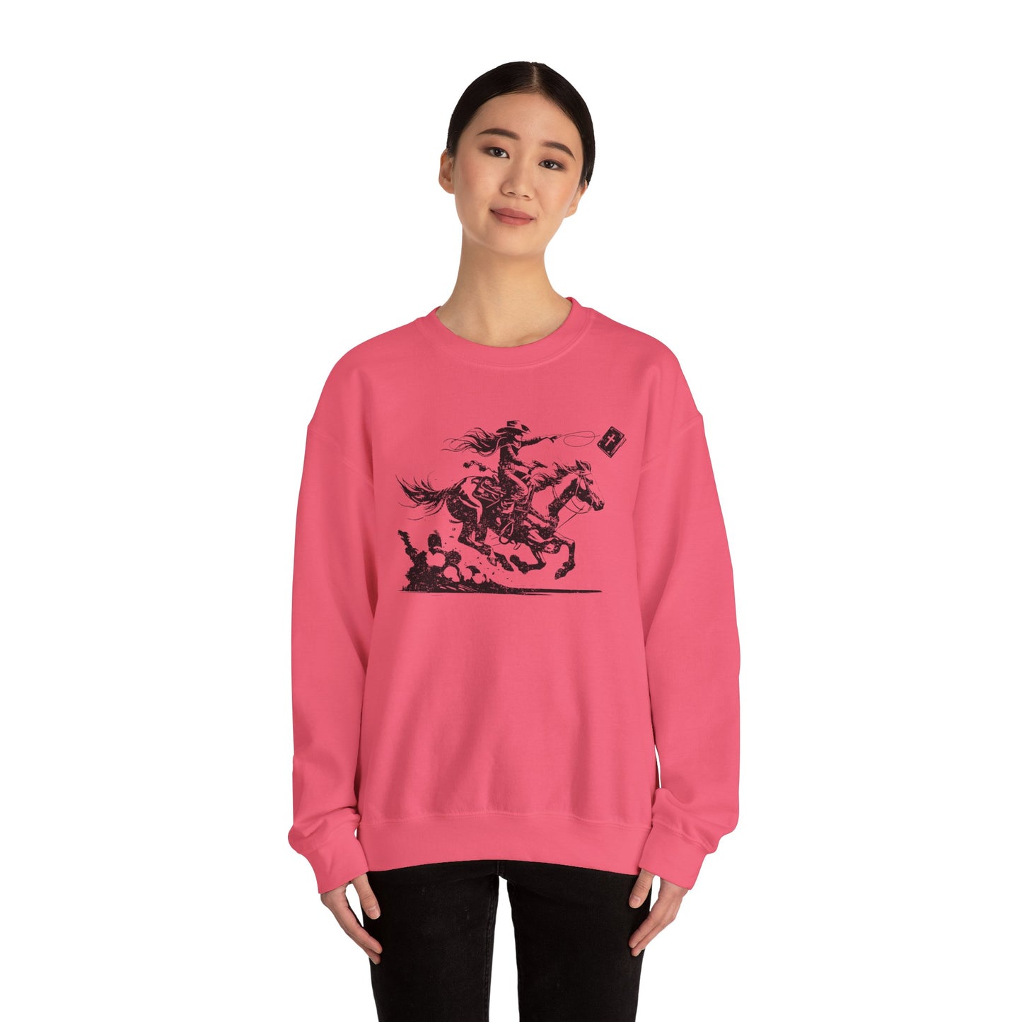 Cowgirl Riding Horse Sweatshirt – Christian Scripture Western Rodeo Texas Pullover