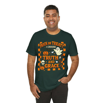 Trick or Treat I Choose Truth and Grace Shirt – Christian Halloween Faith Tee