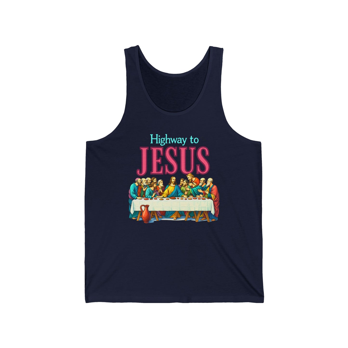 Highway to Jesus Tank – Bold Last Supper Christian Rock Retro Faith Unisex Jersey