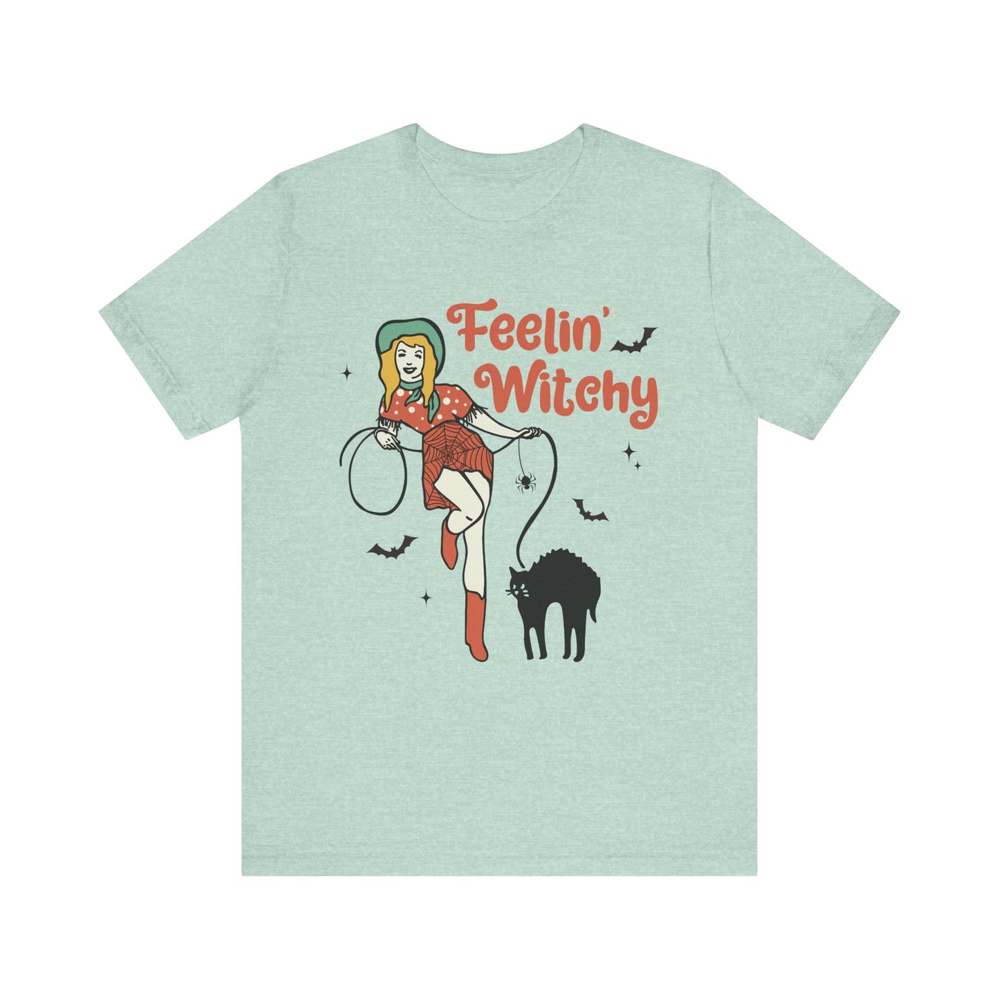 Feelin’ Witchy Shirt Vintage Pin-Up Witch & Black Cat Halloween Tee