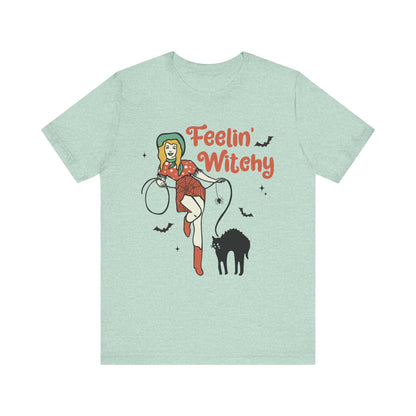 Feelin’ Witchy Shirt Vintage Pin-Up Witch & Black Cat Halloween Tee