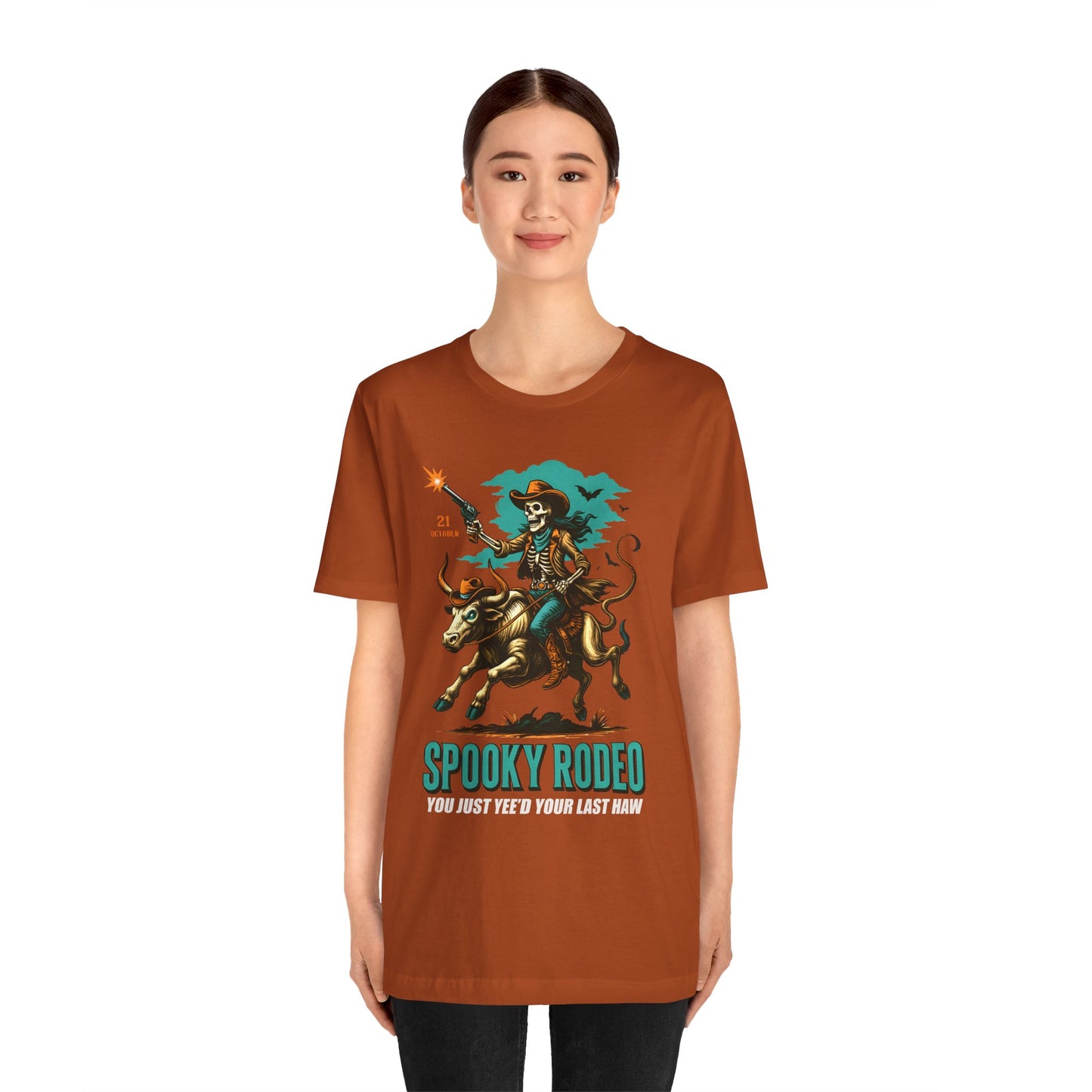 Spooky Rodeo Shirt Skeleton Cowboy Halloween Tee, Western Bull Rider Graphic for Fall