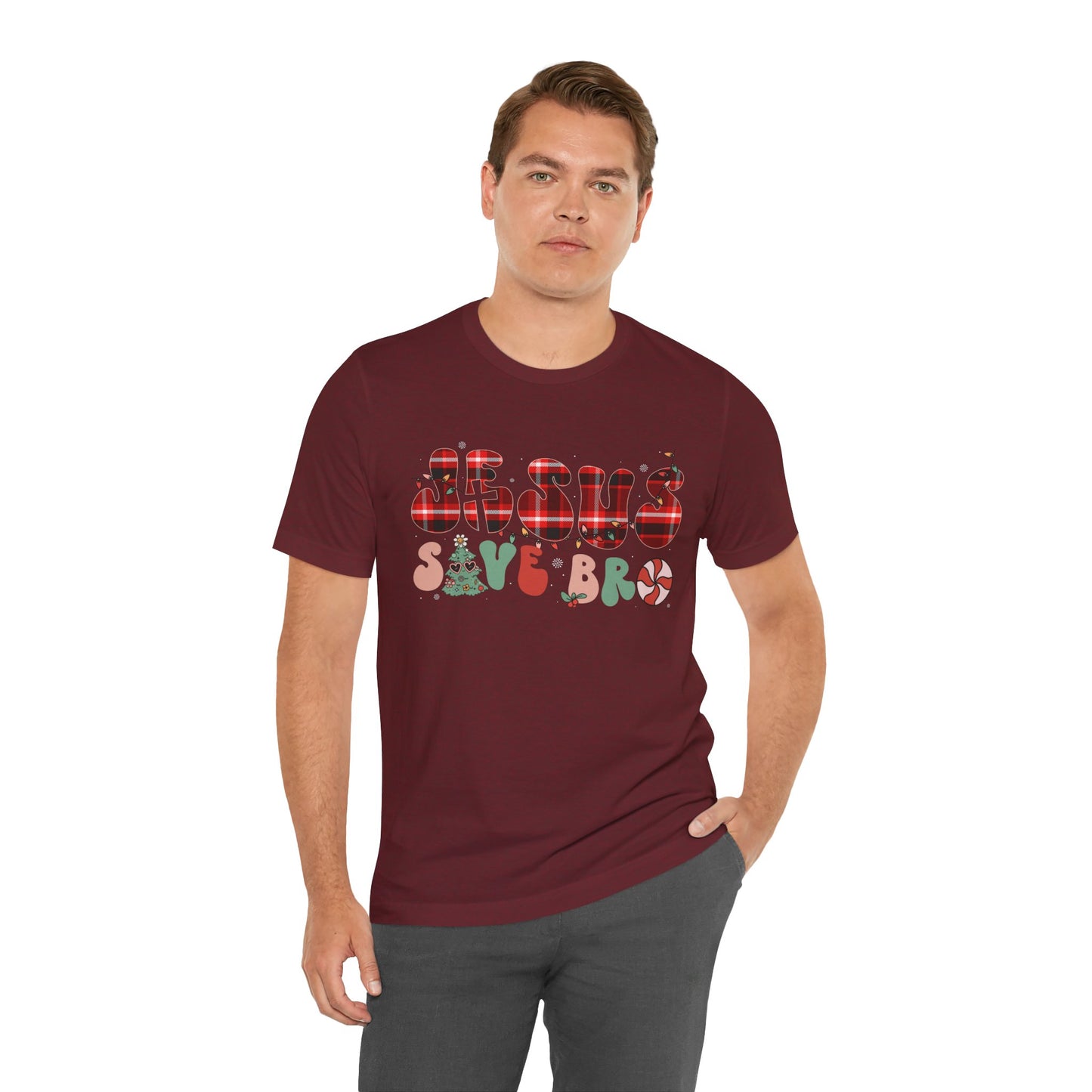 Groovy Jesus Saves Bro Shirt – Retro Red Plaid Christian Christmas Tee