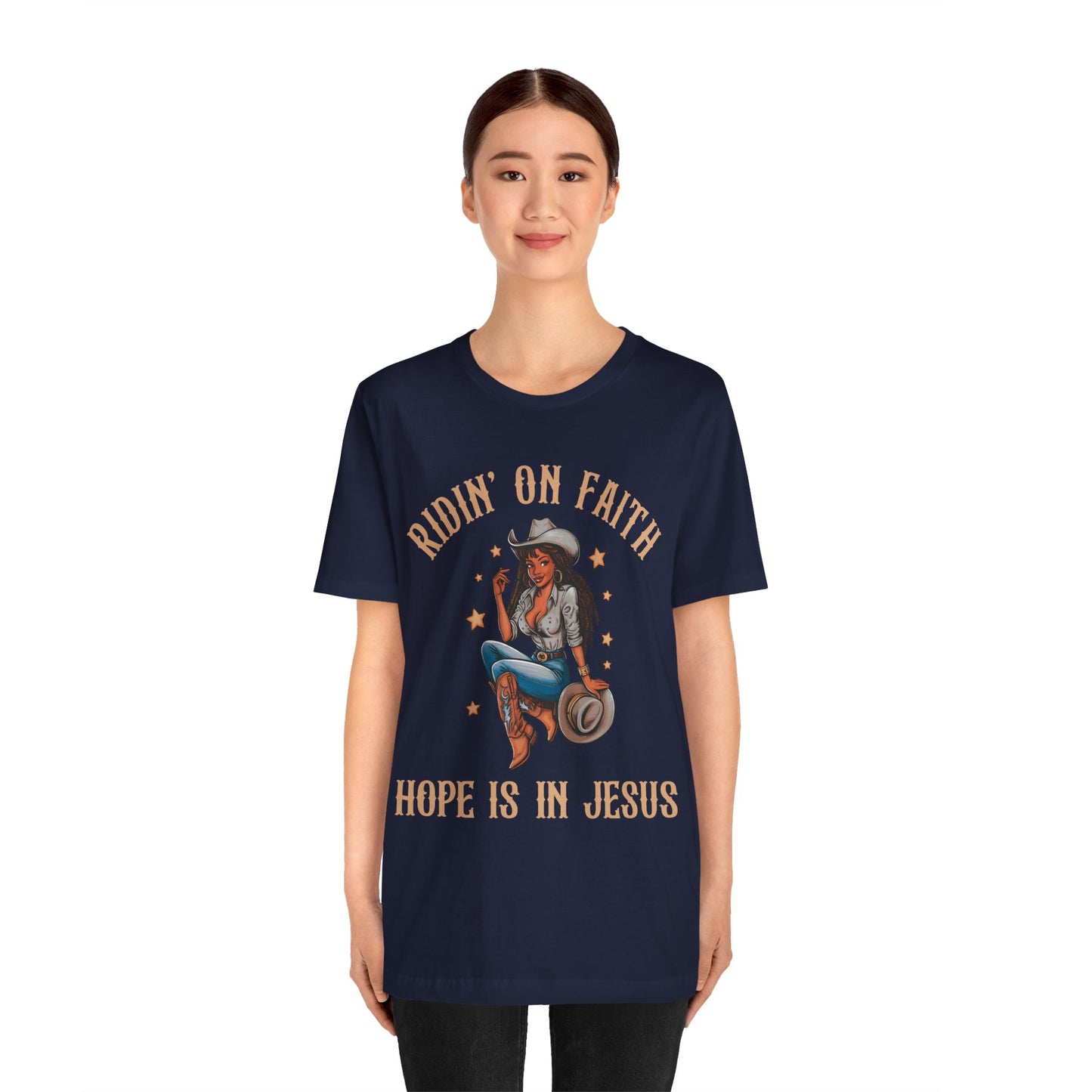 Ridin’ On Faith Cowgirl Shirt – Black Christian Western Jesus Tee