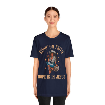Ridin’ On Faith Cowgirl Shirt – Black Christian Western Jesus Tee